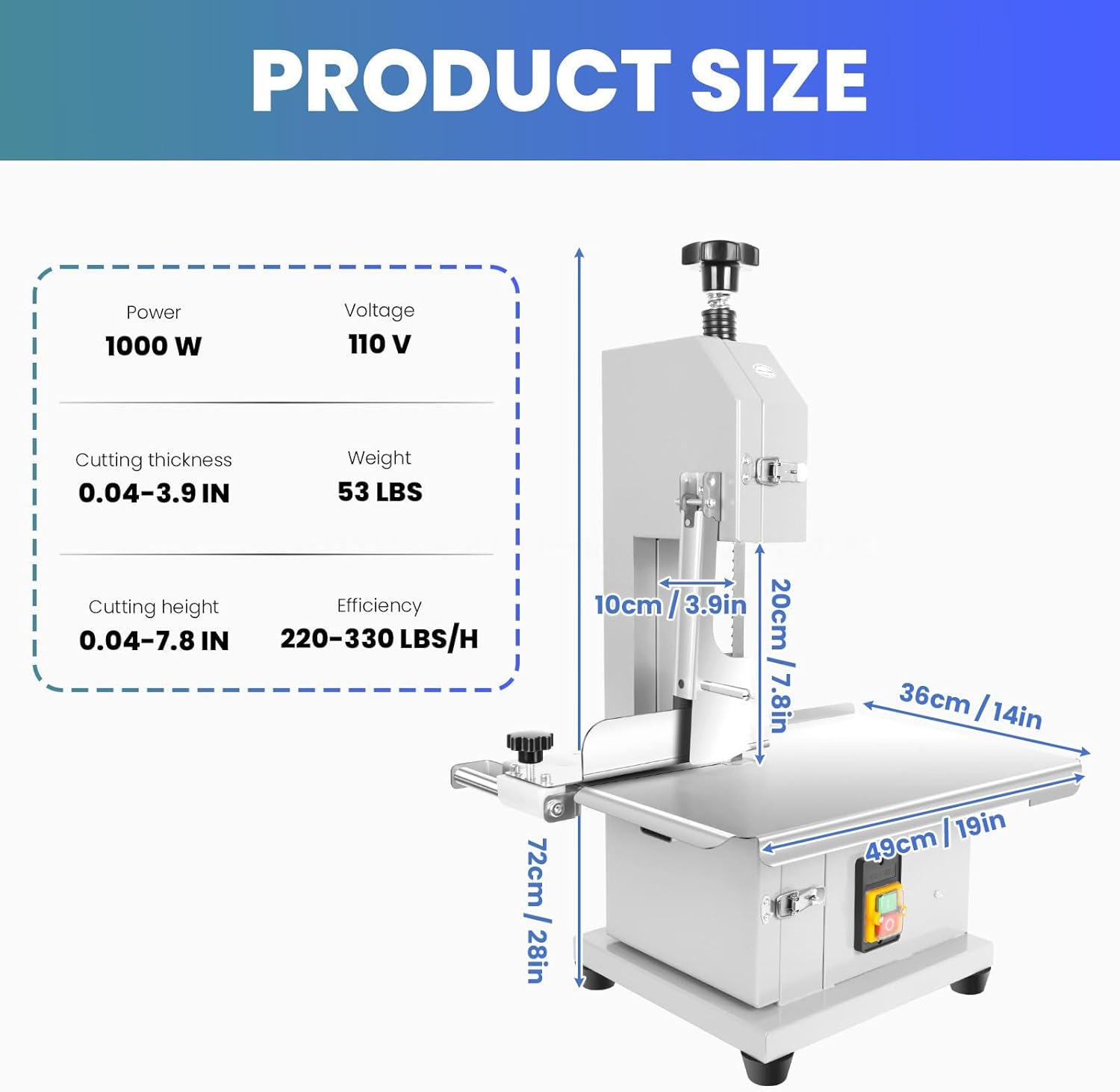 RQR 1000W Commercial Electric Meat Bandsaw, Electric Meat Bone Saw Machine with 0.04-3.9 Inch Adjustable Thickness, Frozen Meat Cutter with 8 Blades for Chicken Pork Beef