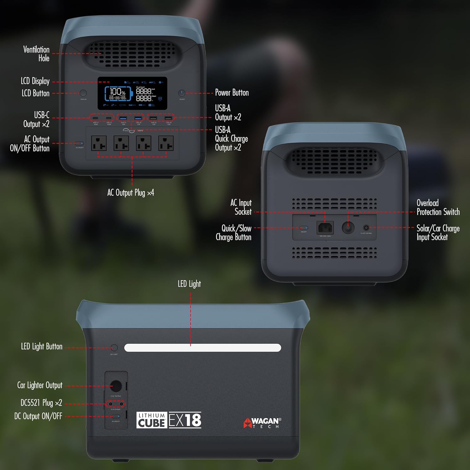 Wagan EL8840 Portable Power Station EX18 Lithium Cube Solar Generator 1229Wh LiFePO4 Battery Fast Charge 1800W 3000W peak AC 100W USB-C for Home Backup, Power Outages, Outdoor Camping, Off-grid