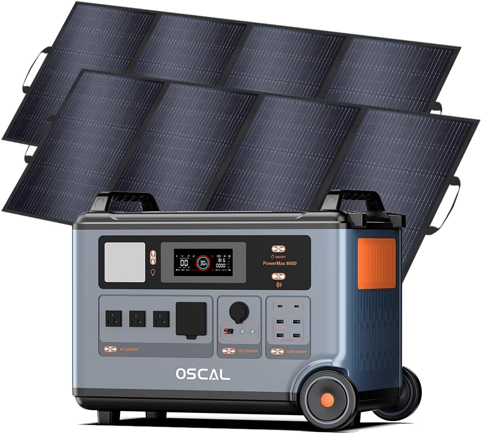 OSCAL PowerMax 6000 Solar Generator, 3600Wh/6000W Power Station with 2x200W Solar Panels, 120V/240V Split Phase Voltage AC Outlets (9000W Peak), 2400W Solar Charging,Emergency for Home,Battery Backup