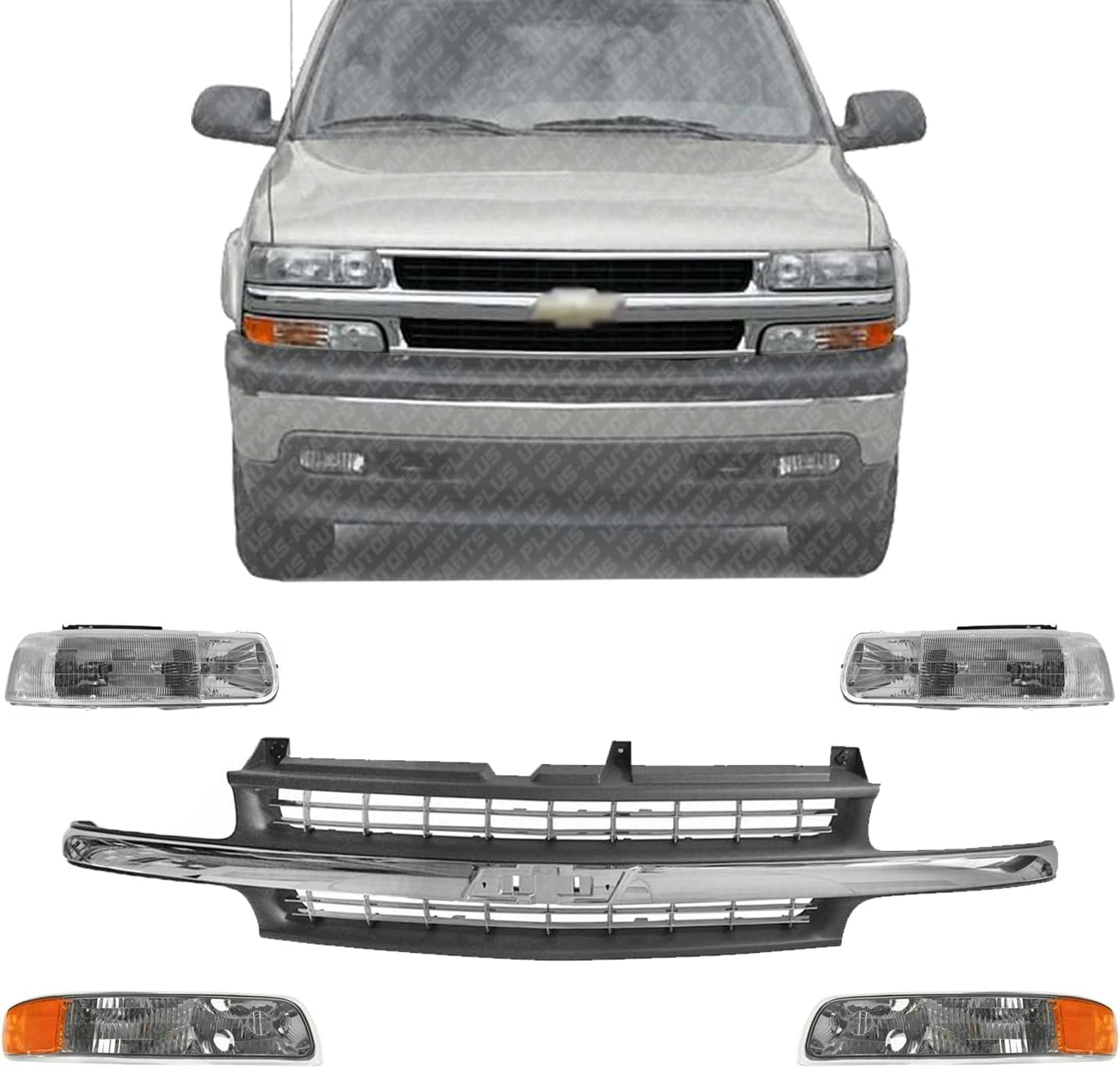 US AUTO PARTS PLUS New Front Grille Plastic with Chrome Centre Bar + Headlights + Park Lamps LH & RH Side Direct Replacement For Chevrolet Silverado 1999-2002 / Tahoe/Suburban 2000-2006