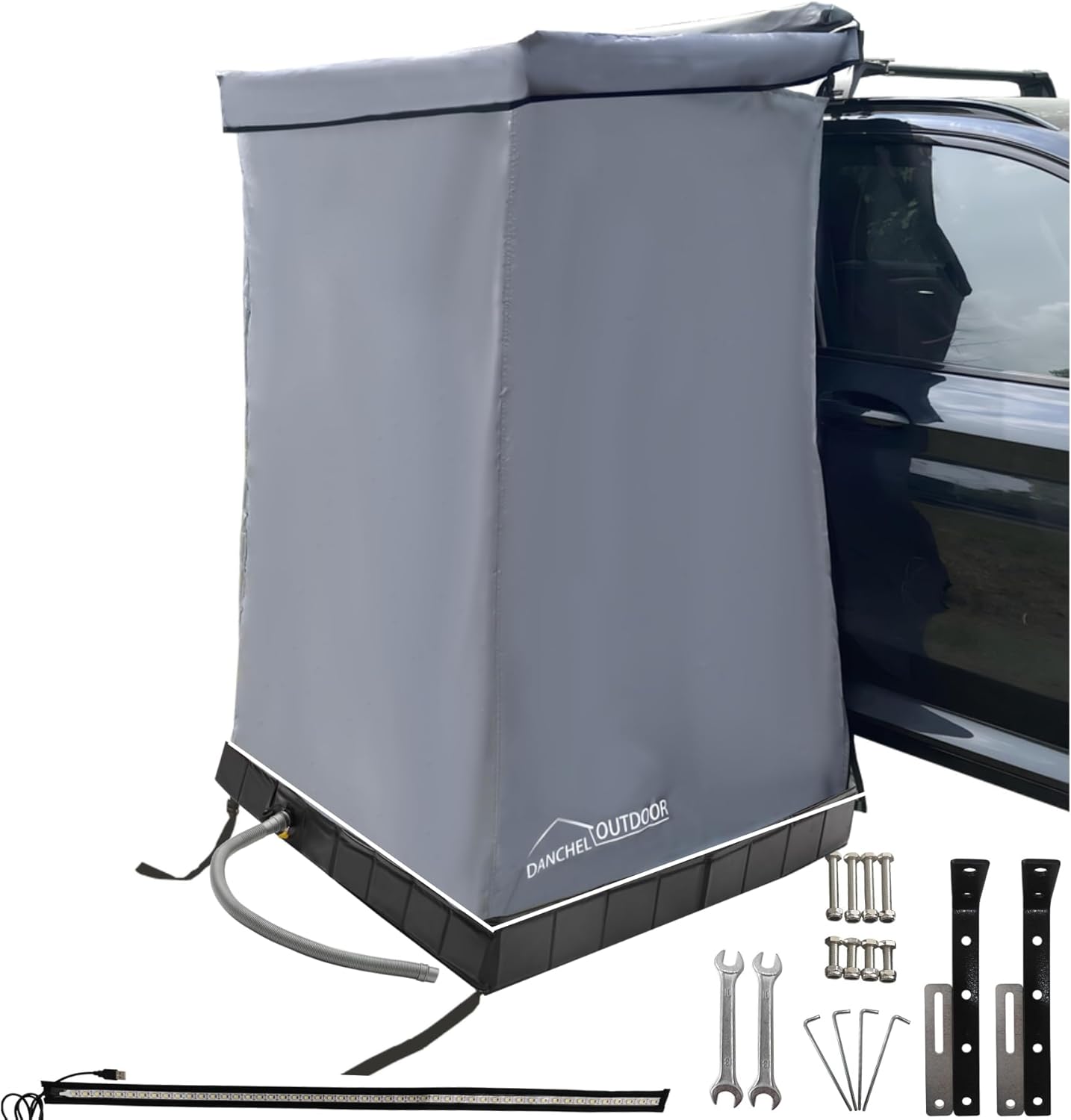 DANCHEL OUTDOOR Car Side Shower Awning with Roof, 3.3x3.3ft Portable Roof Rack Vehicle Shower Privacy Tent Shelter Enclosure Overland Camping Changing Room Bathroom w/LED Light, Gray