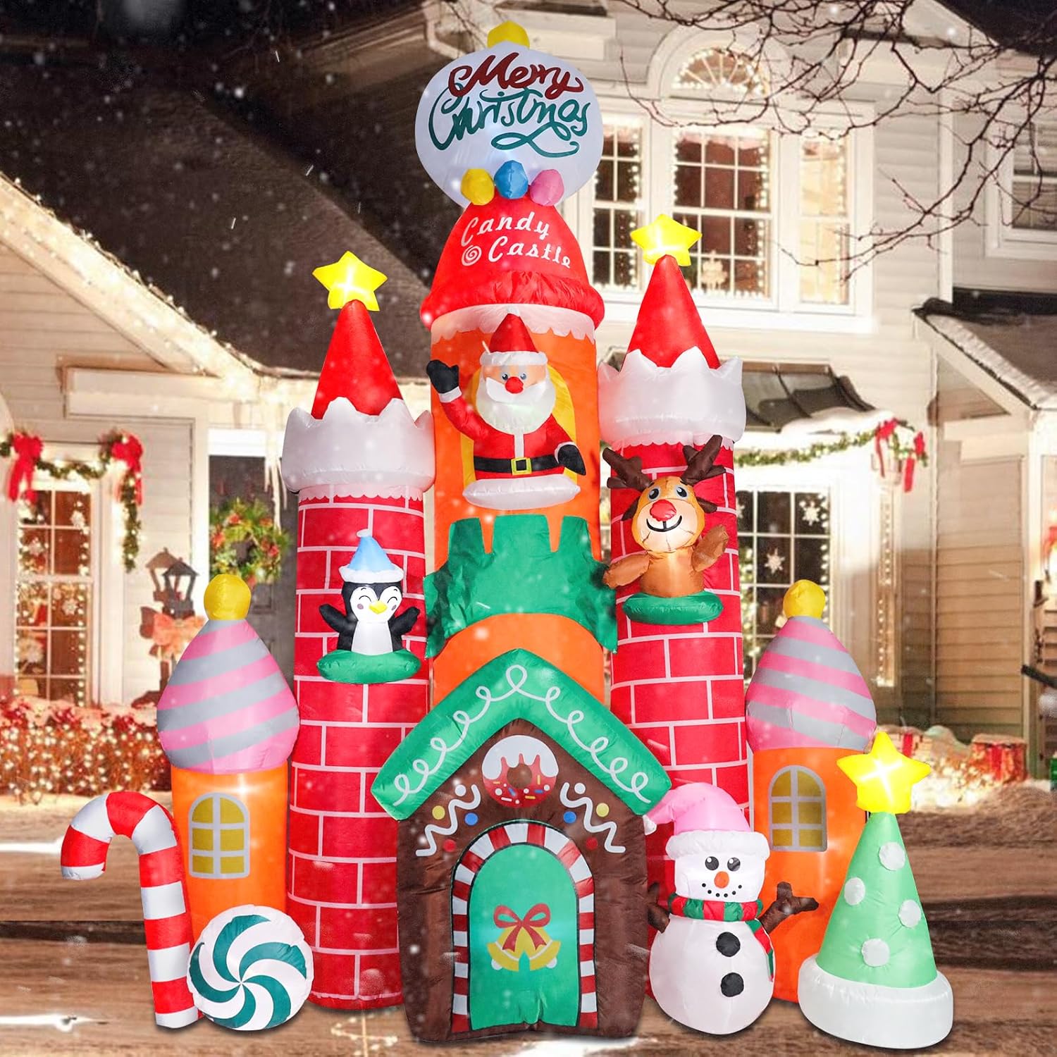 9.6 FT Christmas Inflatable Decorations, Inflatable Candy Castle with Santa, Snowman and Reindeer Blow Up Castle Yard Decorations Built-in LED Lights for Xmas Garden Lawn Patio Decor