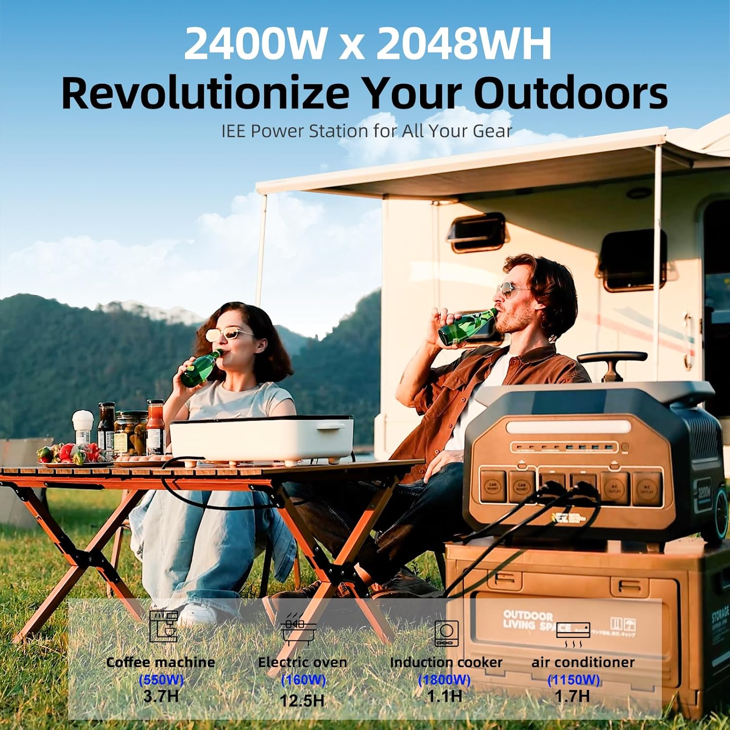 IEE P2400 Portable Power Station with 1x200W Solar Panel,2400W AC Outlet(Peak 5000W),1800W 1.2H Fast Charge,2048WH Lifepo4 Battery,5-8MS EPS Switch,Below 30DB Solar Power Generator for Home Backup,RV.