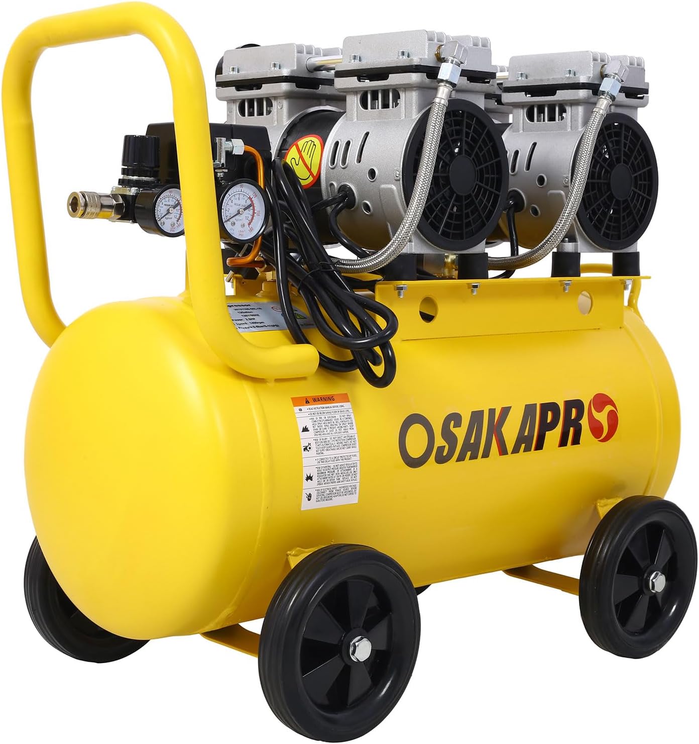 Ultra Quiet 2.5HP Oil-Free Air Compressor, Low Noise 70dB, 115 PSI Max Pressure, Rapid Recovery, Rust-Resistant Twin Aluminum Tanks, Portable with Wheels for Garage & Workshop,Gray