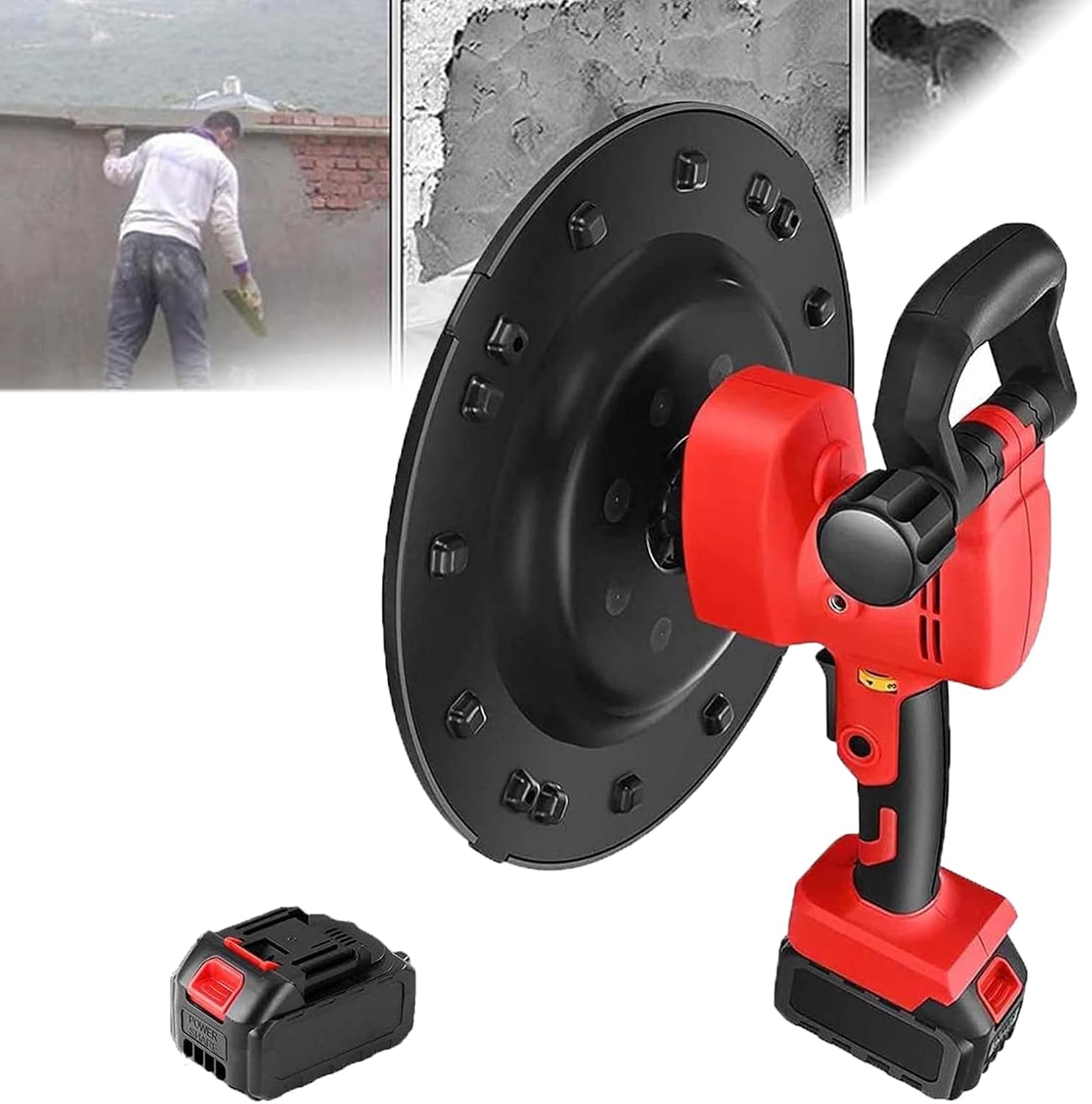 1680W Cordless Handheld Cement Plasterer | Electric Wall Smoothing Polisher | 6-Speed Concrete Mortar Trowel | for Professional Putty Finishing and Surface Leveling (Red, 2 Battery)