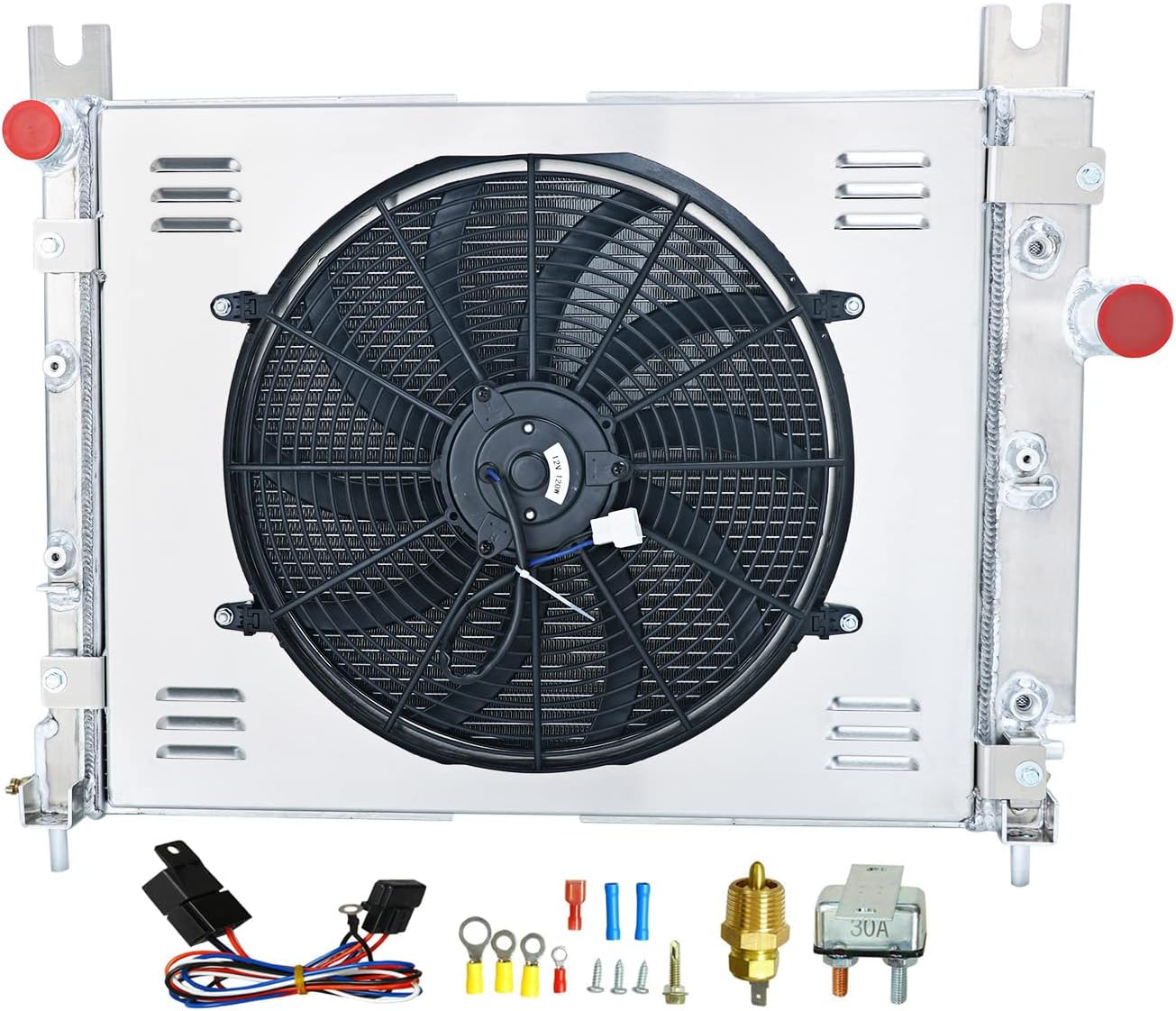 Radiator for 2000-2004 Dodge Dakota Durango 3.7L 3.9L V6 4.7L 5.9L V8, 3 Rows Aluminum Radiator + Shroud/Fan + Relay Kit