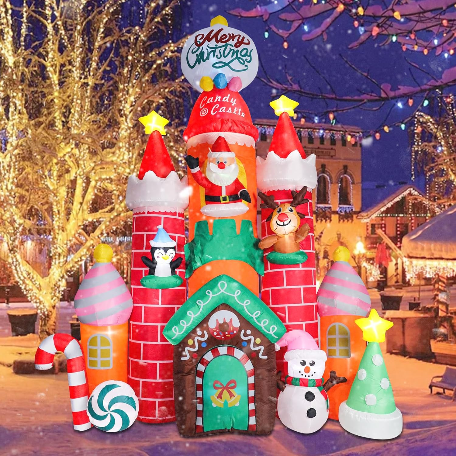 9.6 FT Christmas Inflatable Decorations, Inflatable Candy Castle with Santa, Snowman and Reindeer Blow Up Castle Yard Decorations Built-in LED Lights for Xmas Garden Lawn Patio Decor