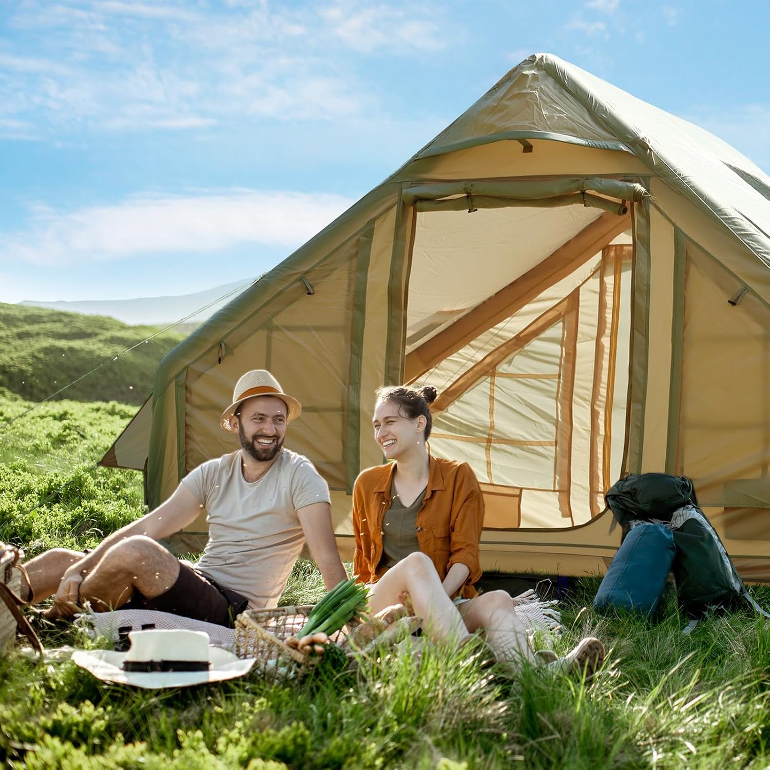 Nice C Inflatable Tent for Camping, Glamping Tent for Adults, Blow Up Tents, with Air Pump, 2-in-1 Air Valve, Chimney Opening, Waterproof, Windproof, Easy Set Up