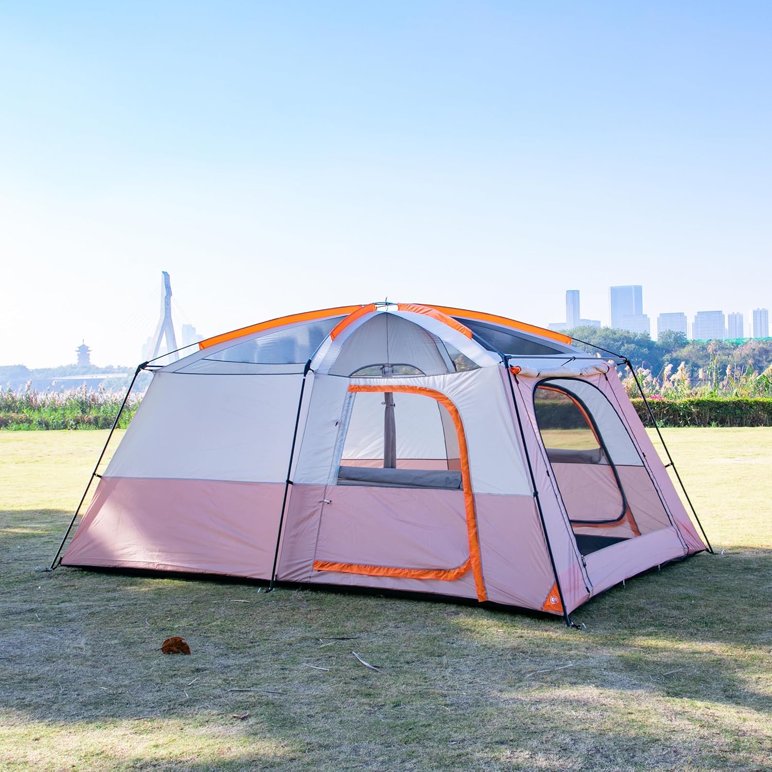 KTT Large Family Cabin Tent 10-12 Person,14.1X10X6.58ft,2 Rooms,3 Storage Pockets,2 Bay-Windows 3 Doors and 3 Windows with Mesh,Straight Wall,Waterproof,Double Layer,Big Tent for Outdoor,Camping