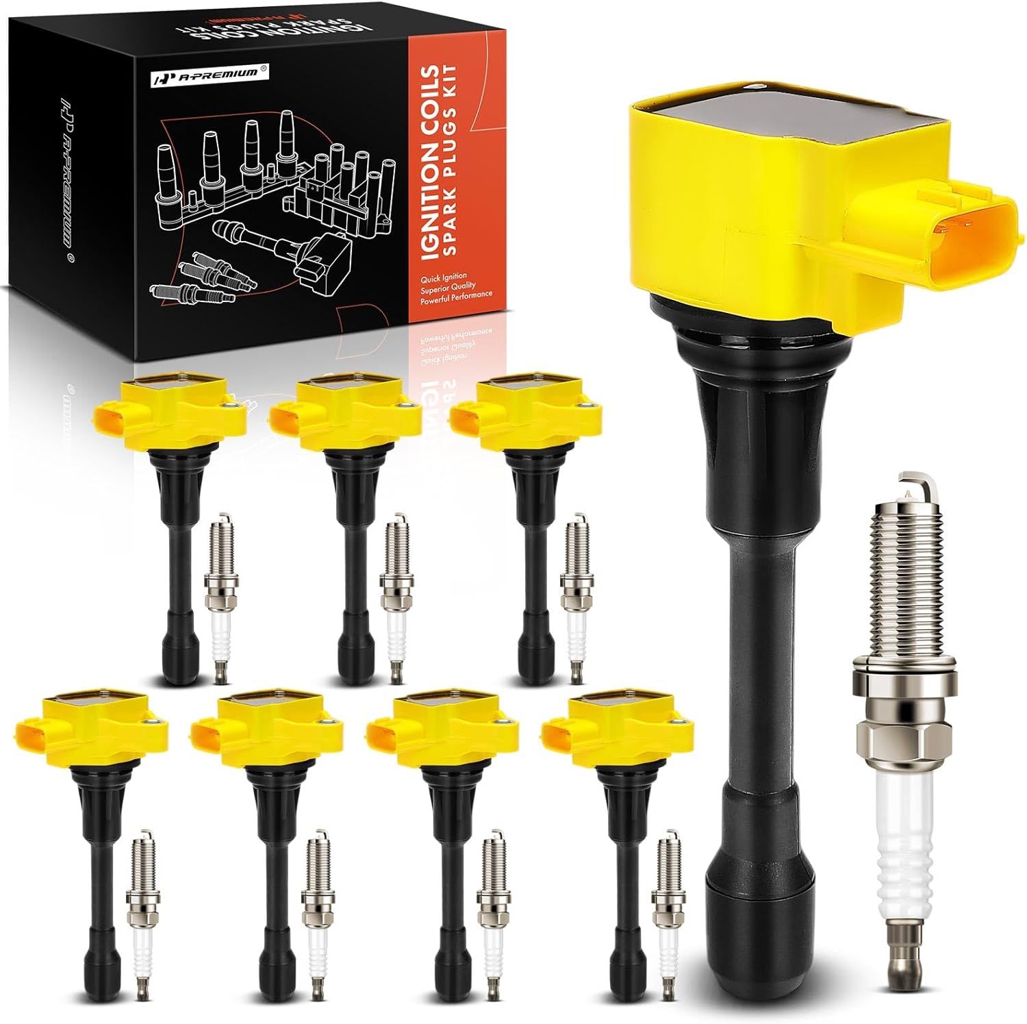 A-Premium (Yellow) Set of 16 Ignition Coil Pack and Iridium Spark Plugs Compatible with Nissan Armada 2017-2020/2022 & Infiniti QX80 2014-2023, QX56 2011-2013, 5.6L