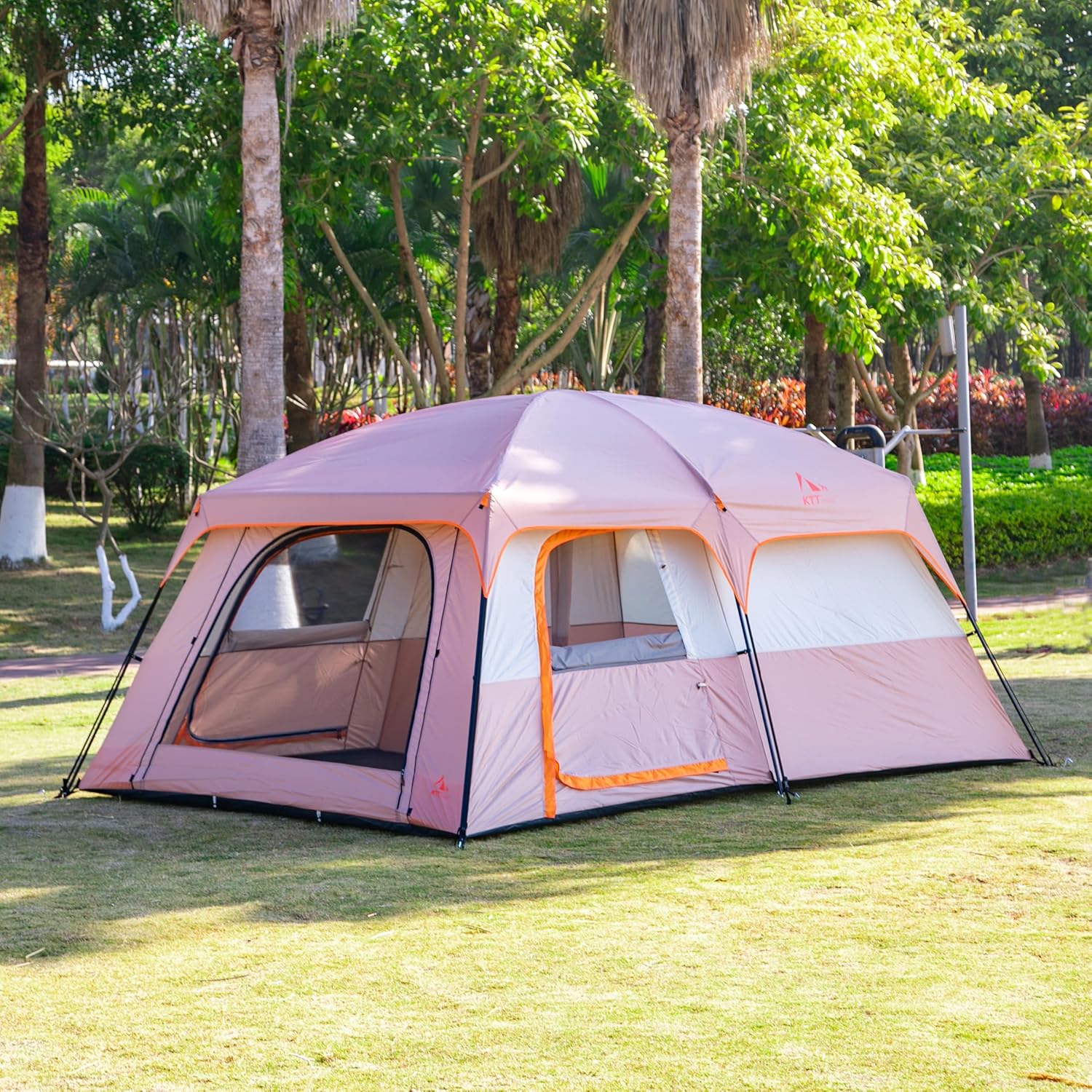 KTT Large Family Cabin Tent 10-12 Person,14.1X10X6.58ft,2 Rooms,3 Storage Pockets,2 Bay-Windows 3 Doors and 3 Windows with Mesh,Straight Wall,Waterproof,Double Layer,Big Tent for Outdoor,Camping