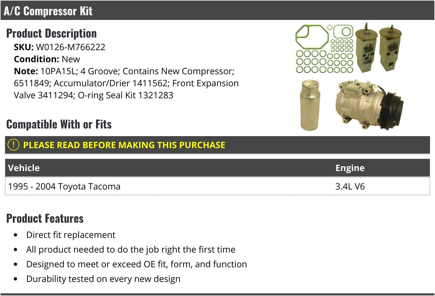 A/C Compressor Kit - 10PA15L - 4-Groove - Compatible with 1995-2004 Toyota Tacoma 3.4L V6