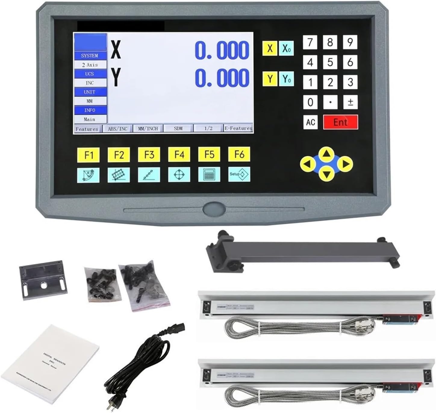 CNC Mill, Lathe Milling 9 Language 2 Axis LCD DRO Digital Readout And Pieces 50-1000mm Linear Scale Encoder Grating Ruler with Accessories(HS800-2 with scales)