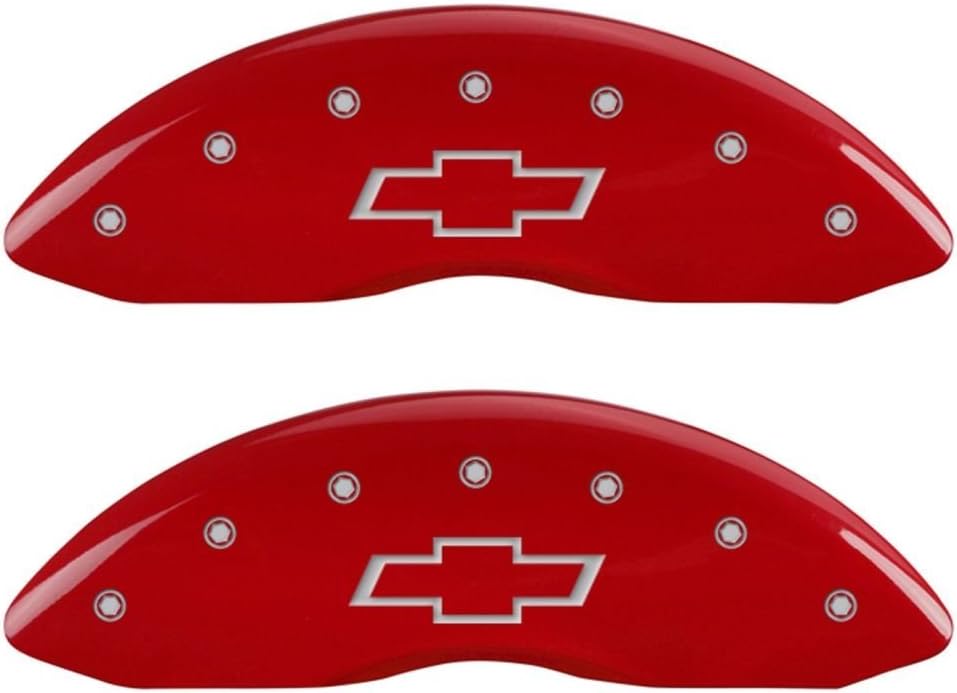 Set of 4 Caliper Covers, Front and Rear: Bowtie, RED, Silver Characters for 2014-2015 Silverado 1500