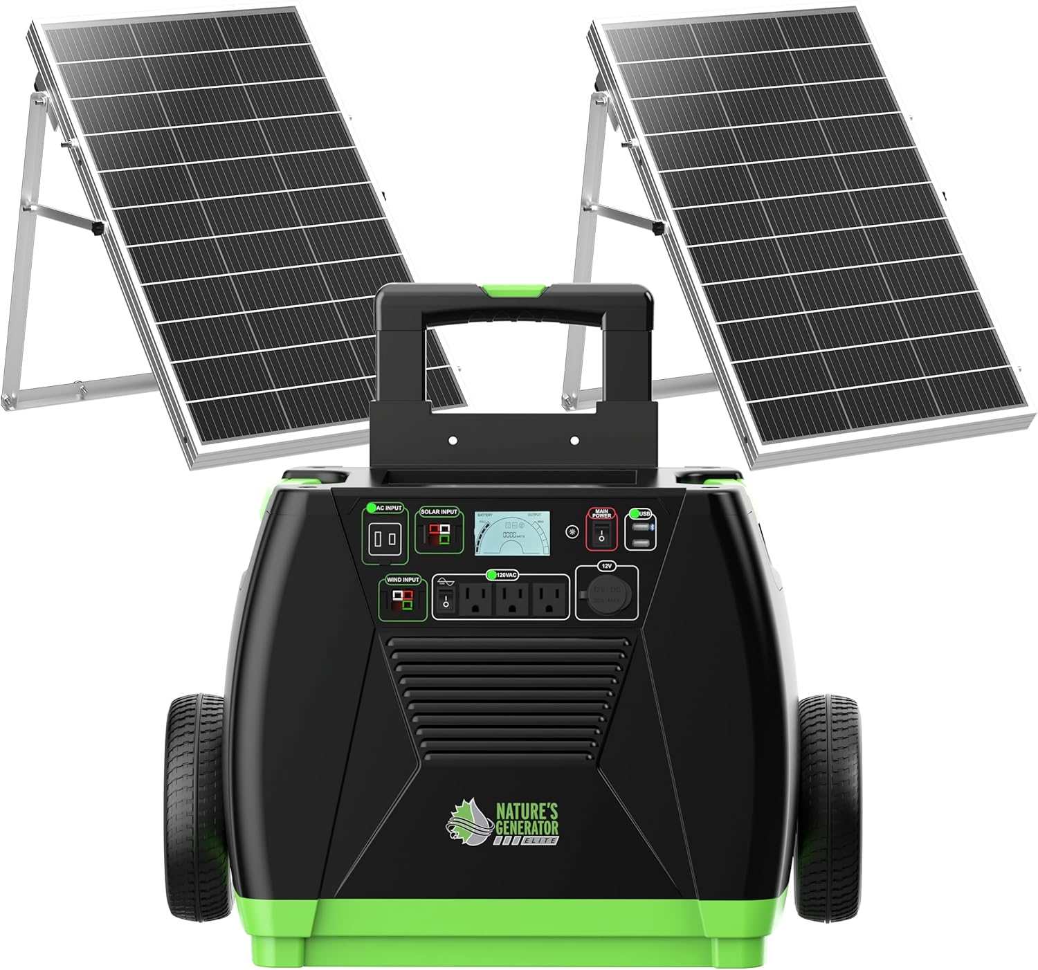 Nature's Generator Elite with Cart -3600w Solar and Wind Powered Generator in Quiet Operation with 12V DC port,2 USB ports,3 AC outlets and 120V 30amp pure sine wave AC outlet HKNGGNEL