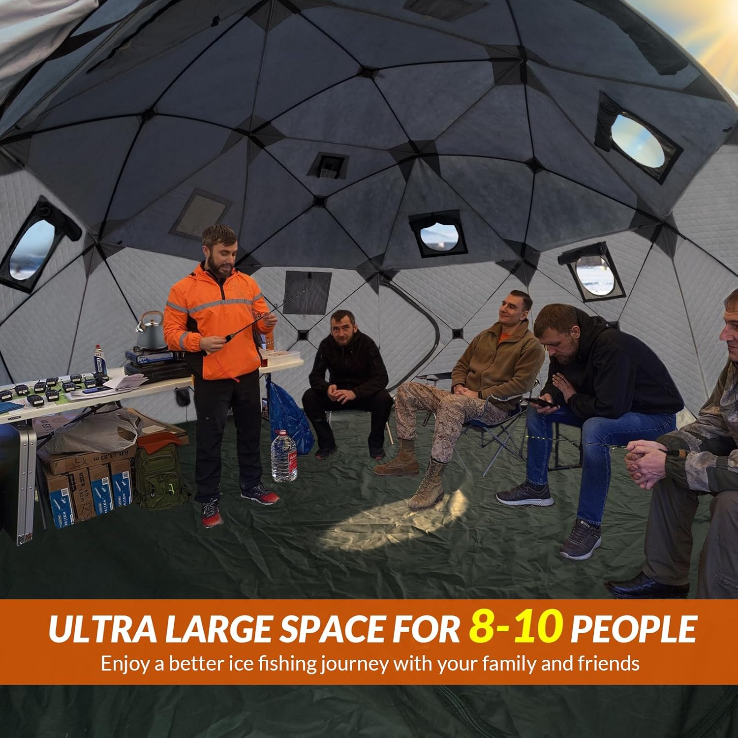 QualyQualy Ice Fishing Tent with Floor, 8-10 Person Insulated Tent Ice Fishing Shelter, 147 Square Feet Pop-Up Ice Shanty with Stove Jack, Winter Windproof Ice Shack Hut with Carrying Bag