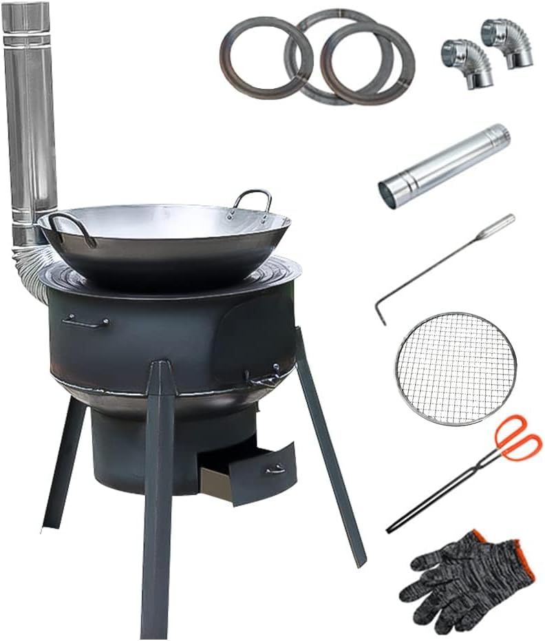 Coal Wood Stove, 1 Set Of Multifunctional Portable Removable Iron Firewood Cooking Stove, Mobile Camping Stove for Outdoor Camping, Tent Heating, Fishing, Cooking (43 cm + 3 oven rings)