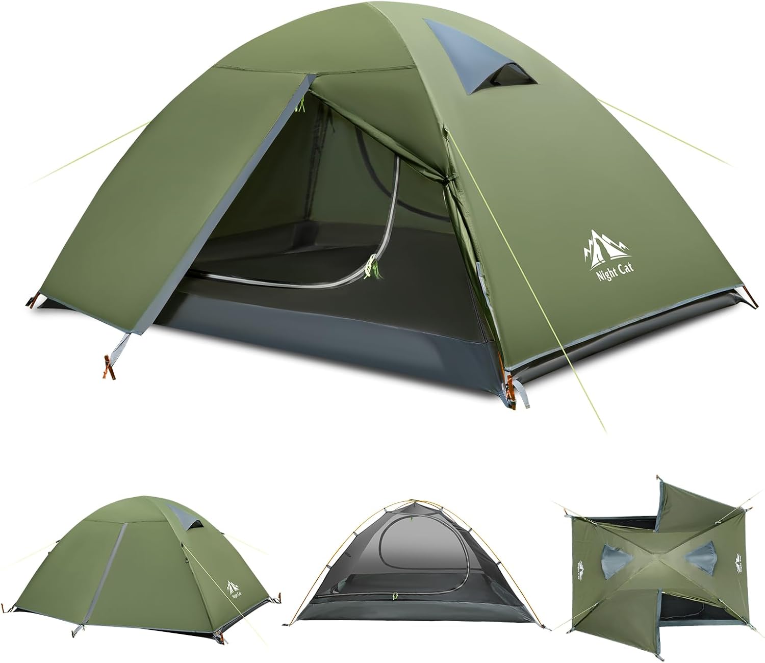 Night Cat Backpacking Tent 2 Persons with Aluminium Pole Double Layers Camping Tent Adults Rainproof Lightweight Easy Setup Two Doors Hiking Mountaineering 2.2x1.4m