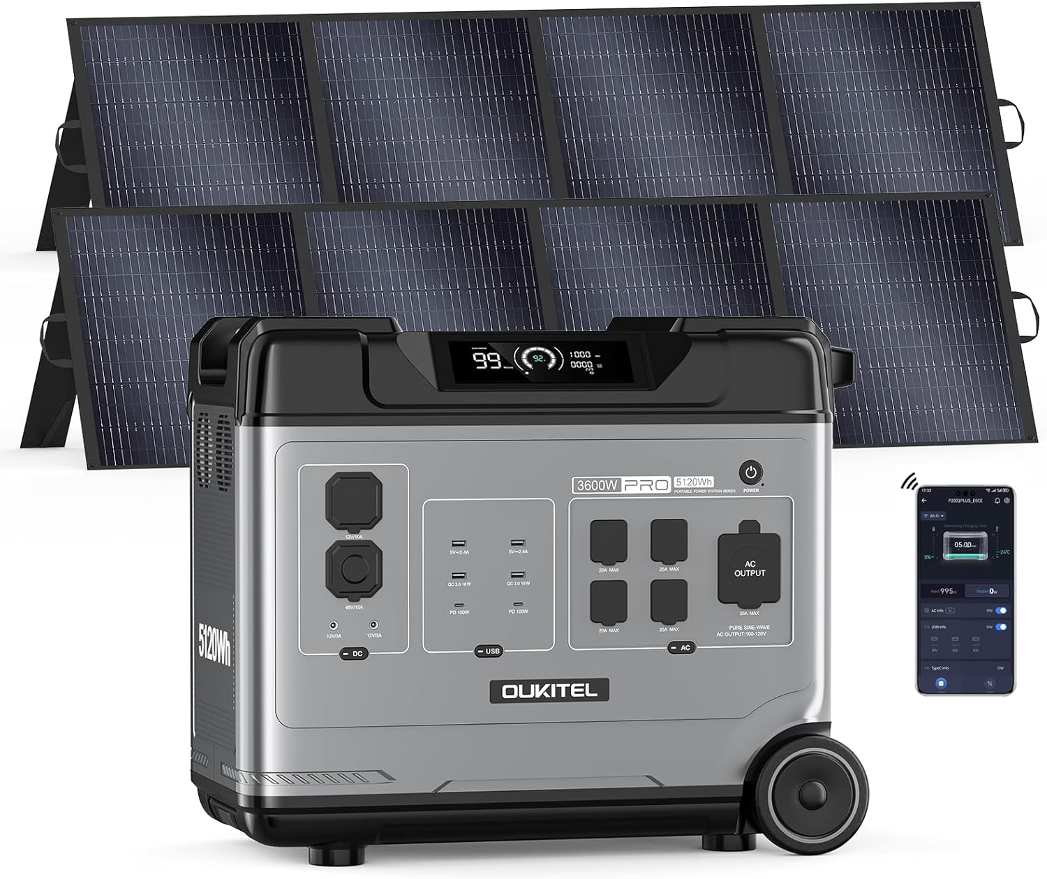 OUKITEL P5000 Pro 3600W Solar Generator with 2x200W Panel, 5120Wh Solar power station with 5 AC Outlets (6000W Peak), 1800W Fast Charging, Emergency Battery Backup for Home, Camping & RVs