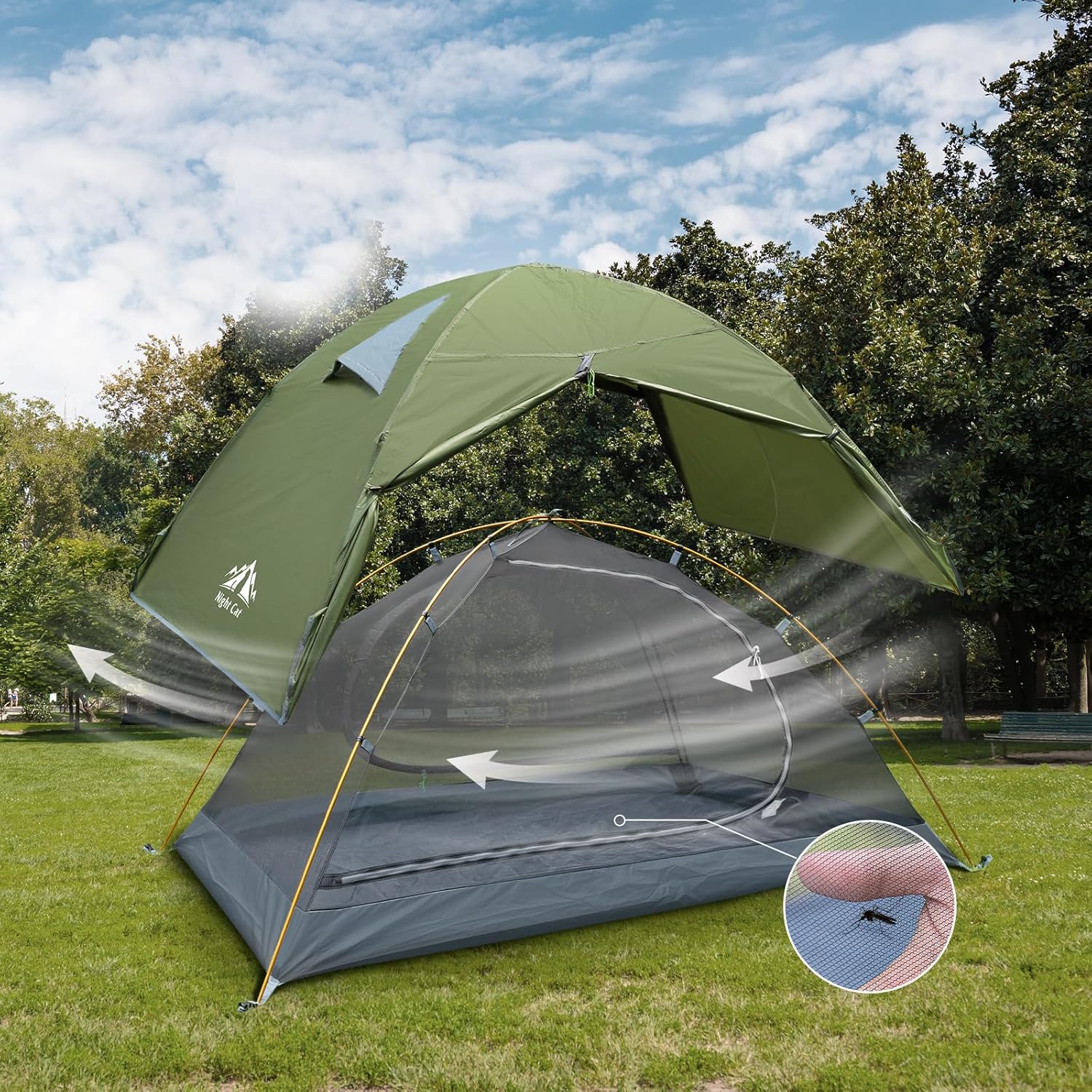 Night Cat Backpacking Tent 2 Persons with Aluminium Pole Double Layers Camping Tent Adults Rainproof Lightweight Easy Setup Two Doors Hiking Mountaineering 2.2x1.4m