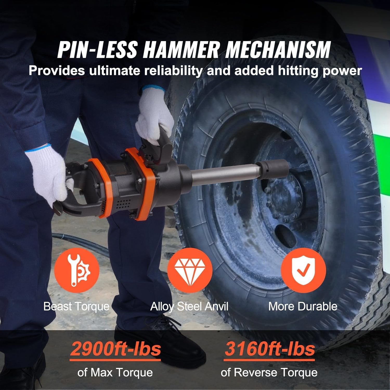 1 Inch Pneumatic Impact Wrench - 3160 ft-lbs Max Torque w/ 8