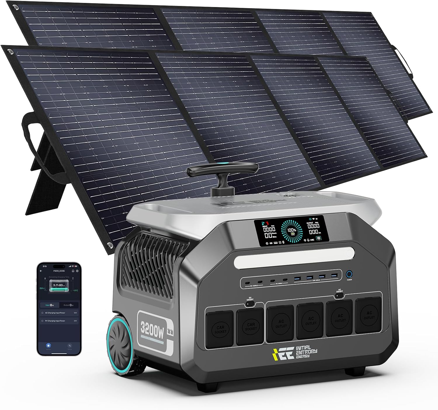 IEE 3200W/2048WH Portable Power Station with 2x200W Solar Panel,1800W 1.2H Fast Charge Lifepo4 Battery Solar Generato,14 Output Ports 5-8MS EPS,APP Control Below 30DB Noise,for Home Backup,RV,Travel.