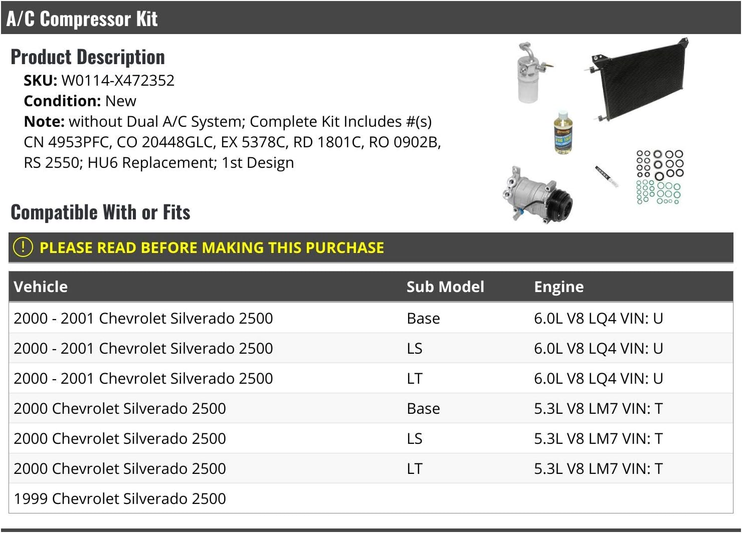A/C Compressor Kit with Condenser - Compatible with 1999-2001 Chevy Silverado 2500 (without Dual A/C System)