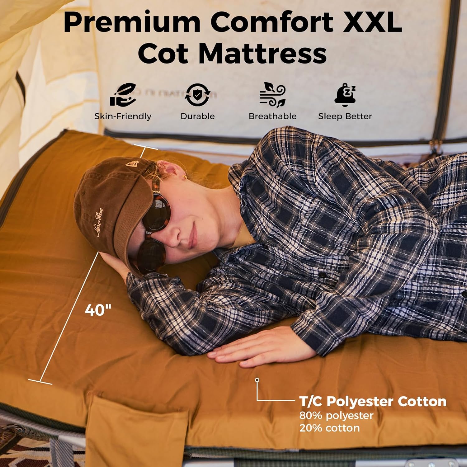 Kingcamp Comfort XXL Wide Perforated Memory Foam Cot Mattress, Portable Roll Up Camping Mattress Cot Mat, Sleeping Mat with Roll Helper for Cot pad Travel Tuck Tent Floor Guest Sleepover