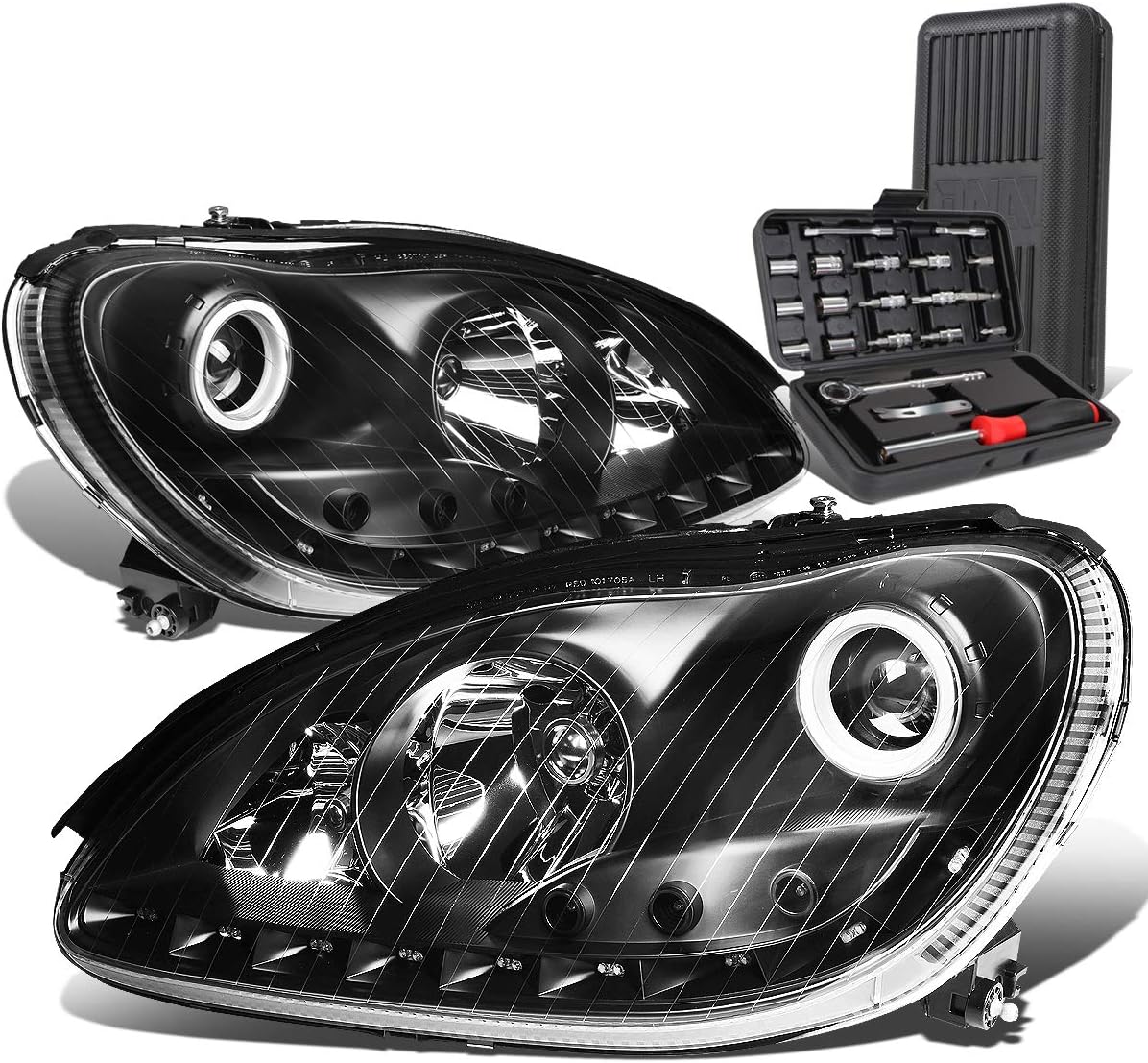 Auto Dynasty LED DRL Halo Projector Black Headlight+Tool Kit Compatible with Mercedes-Benz S-Class W220 00-06
