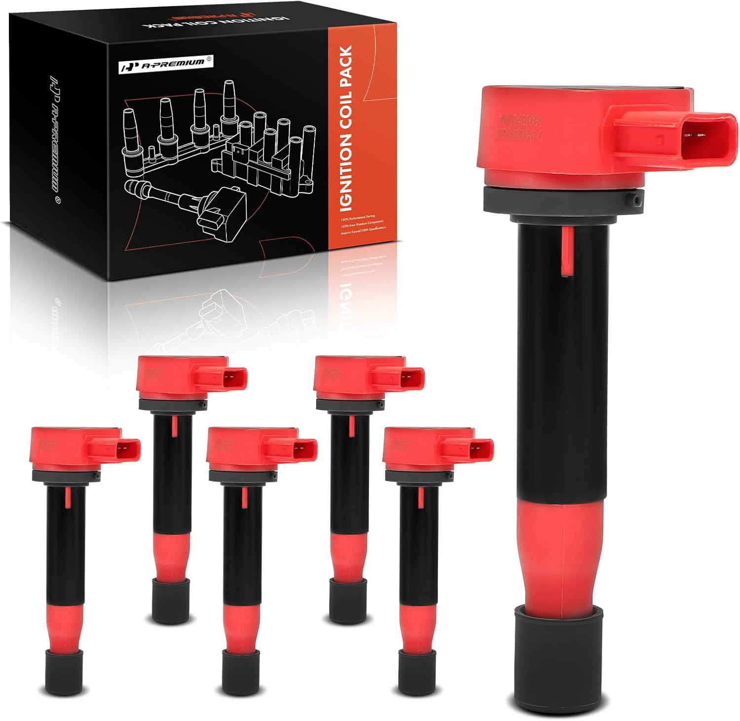 A-Premium (Red) Engine Ignition Coil Pack Compatible with Honda Accord 2000-2003, Odyssey 1999-2010 & Acura TL 1999-2008, RL 2005-2008, CL 2001-2003, 3.0L 3.2L 3.5L, Replace# 30520RCAA01, 6-PC Set