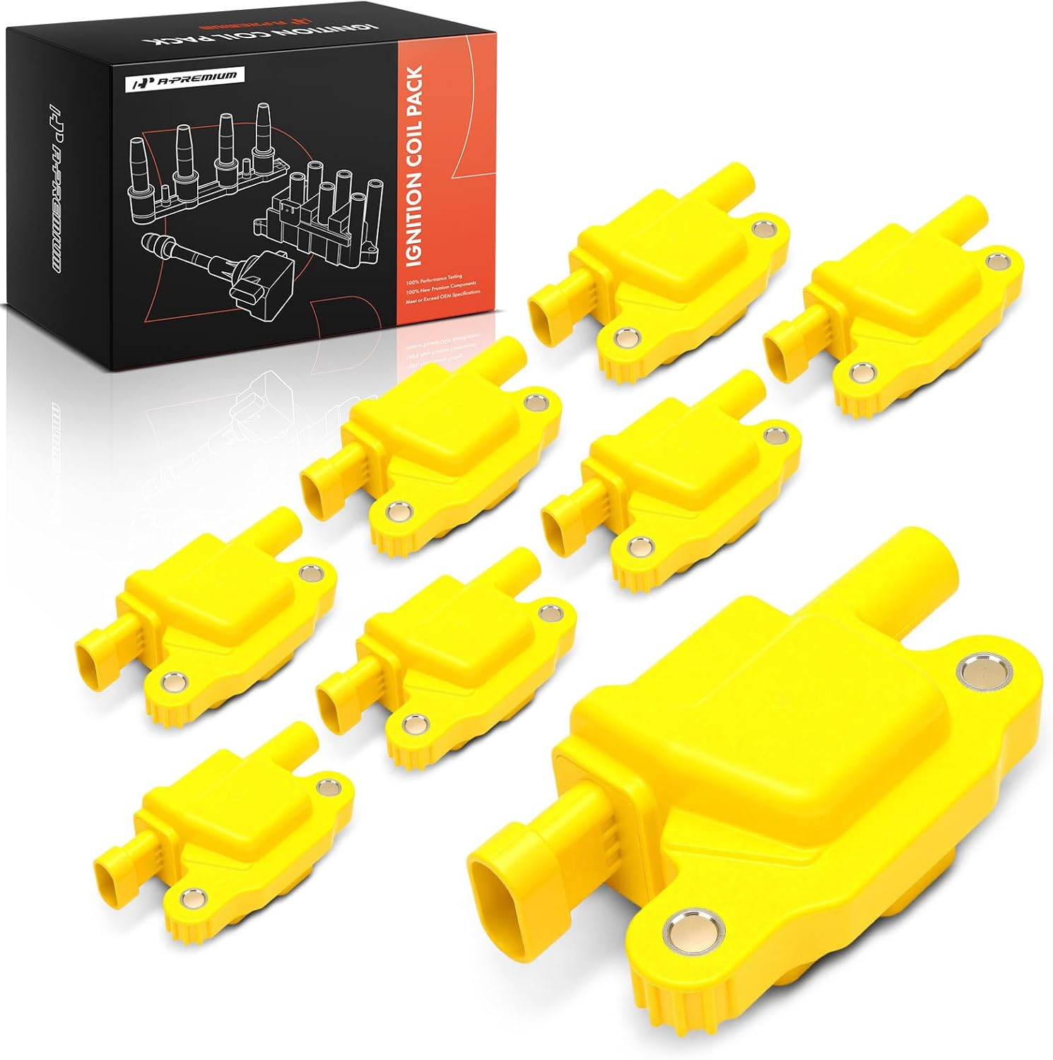 A-Premium Yellow Engine Ignition Coil Pack Compatible with Chevrolet Silverado 1500 2014-2019 2022, Tahoe, Camaro, Suburban, Corvette, Express 2500 3500 4500, LCF 4500 & GMC Sierra 1500, 8-PC Set