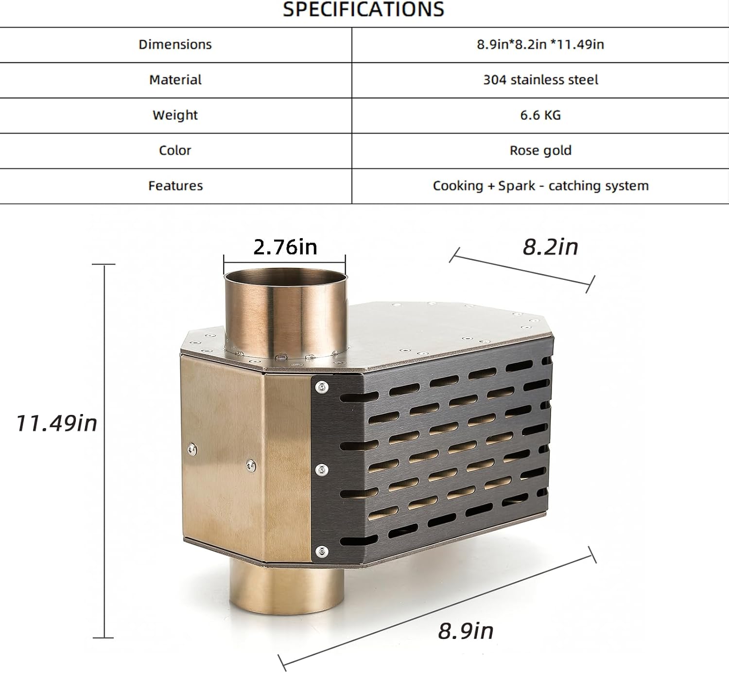 304 Stainless Steel Chimney Platform with Spark Arrestor and Cooking Platform, with Tent Protection, for Wood Burning Stoves with 70mm Diameter Chimneys, Rose Gold