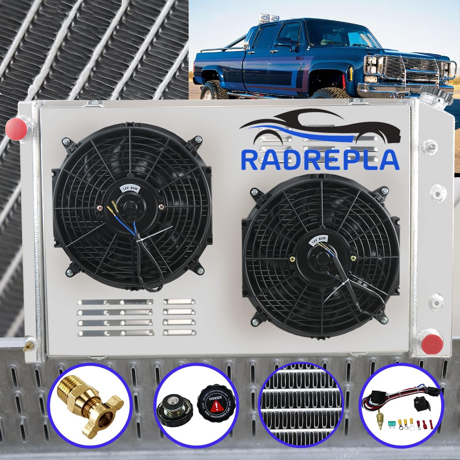 CU716 3 Row Aluminum Radiator for 1973-1991 Chevy GMC C10 C20 C30 C1500 C2500 K10 K20 K30 Pickup Blazer Jimmy V8 Radiators Shroud 2 x 12