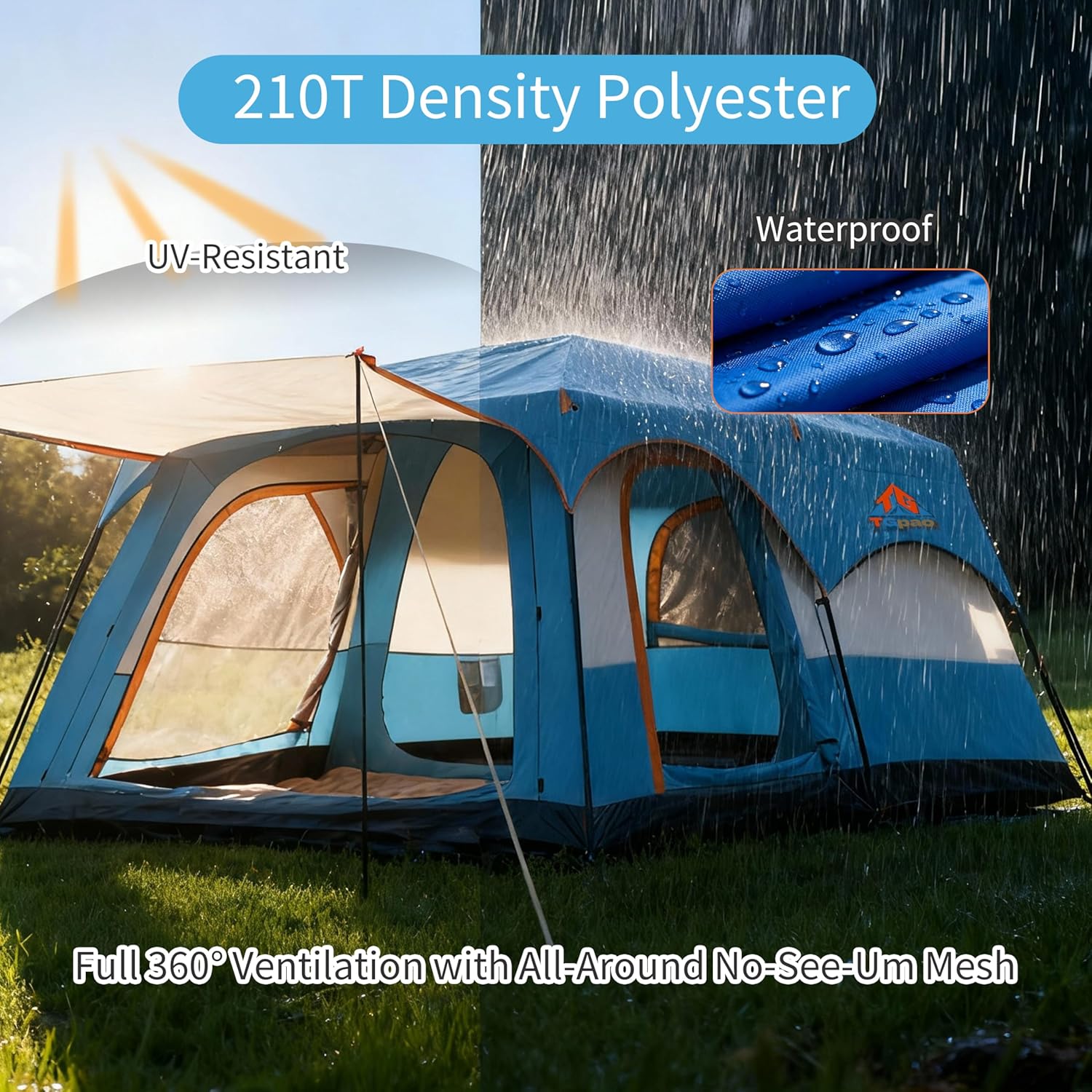 Large Family Camping Tent - 5-12 Person Multi-Room Waterproof Pop-Up Tent with Screened Porch - Glamping Tent for Outdoor Camping & Family Vacation