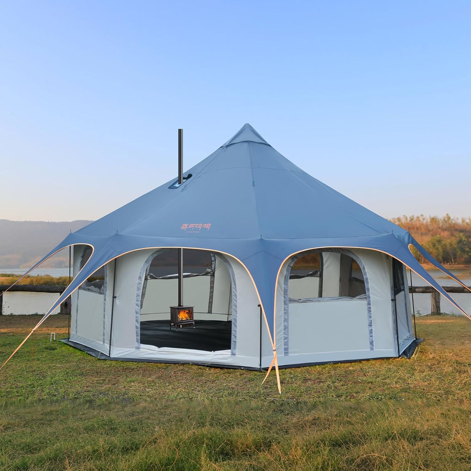 Bell Tent 6-10 Person, 14.8x14.8x9.2ft Waterproof Camping Tent for Outdoor Gatherings with Removable Groundsheet, Adjustable Skylight, Fire-Resistant Chimney & Canopy Mode, Heavy-Duty Steel Frame