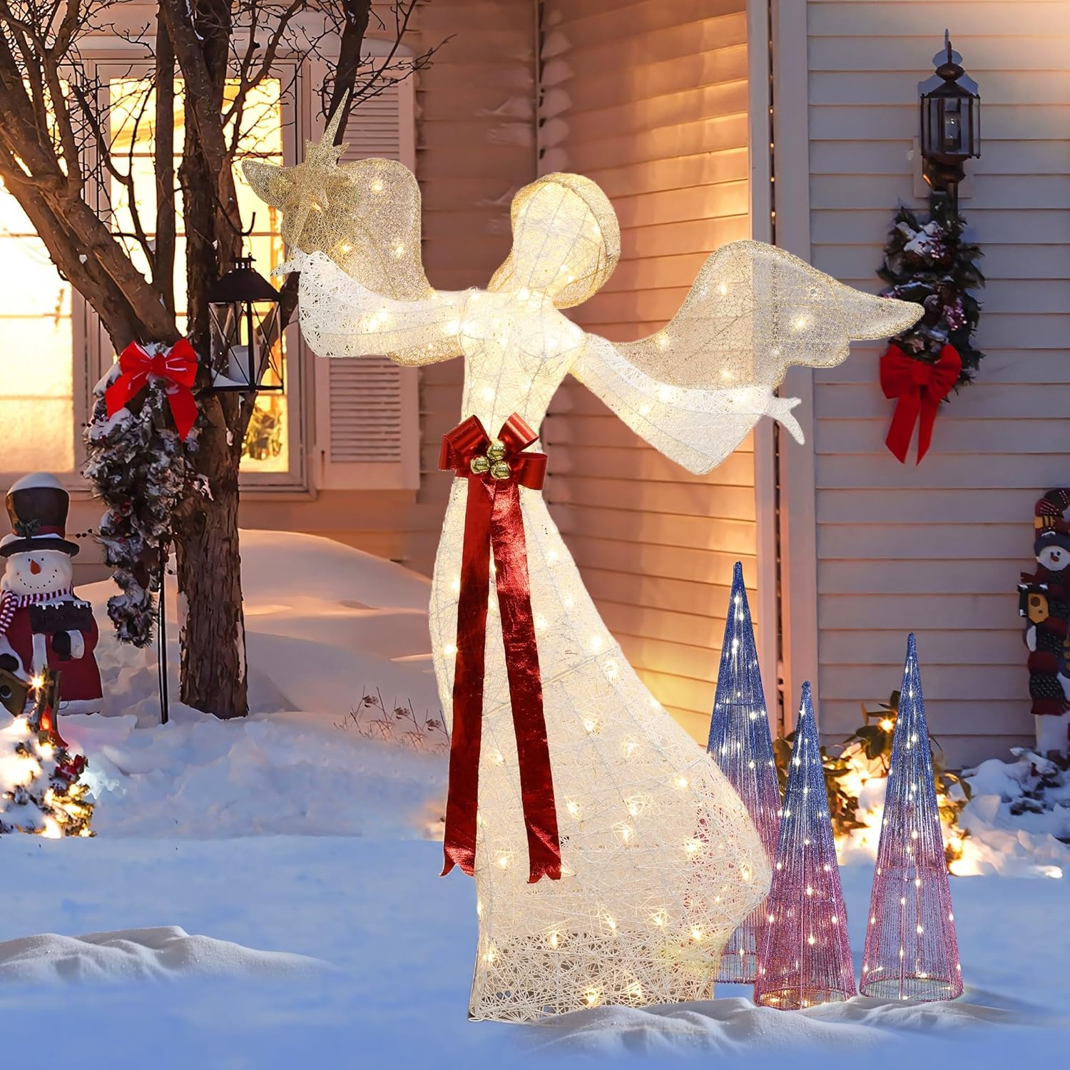 LuxenHome 4FT Lighted Angel Outdoor Christmas Decorations, Angel with Halo Christmas Yard Decorations with 190 LED Lights, Illuminated Holiday Angel Figure for Xmas Lawn, Front Porch, Garden Decor