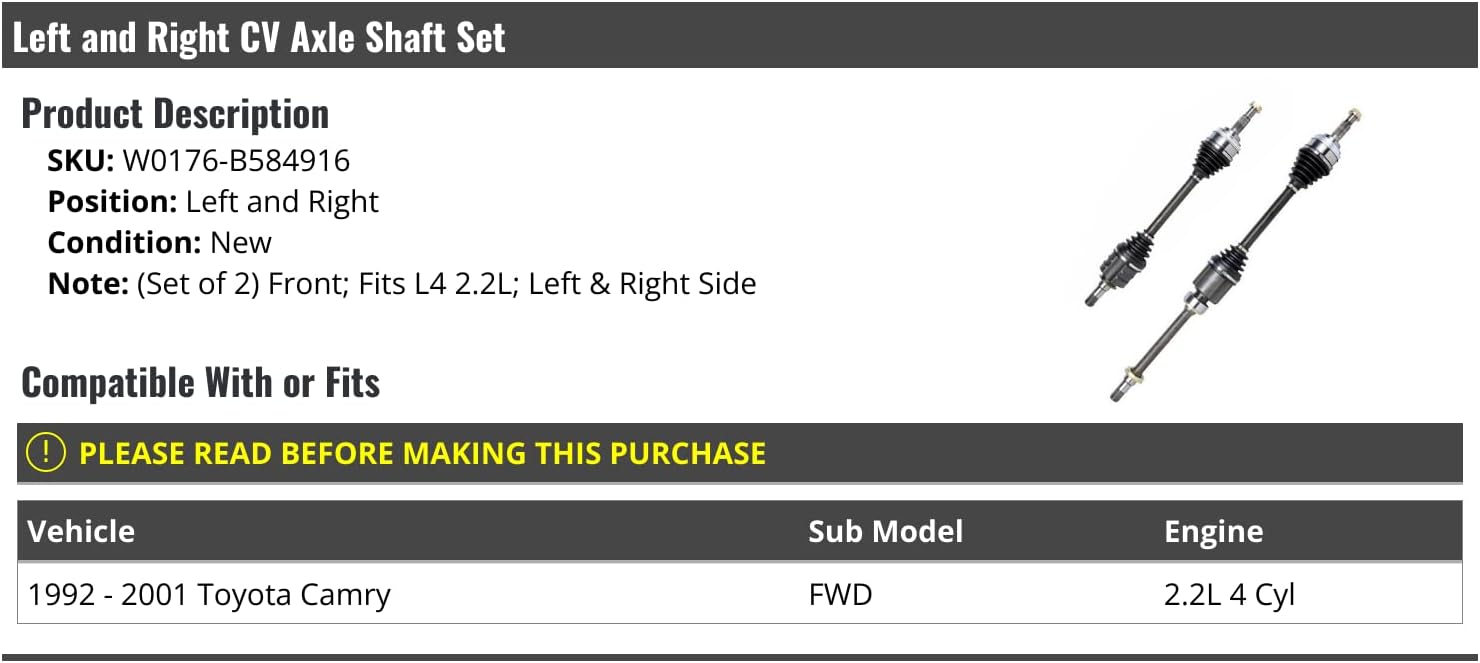 Front CV Axle Shaft - Set of 2 - Compatible with 1992-2001 Toyota Camry FWD 2.2L 4-Cylinder