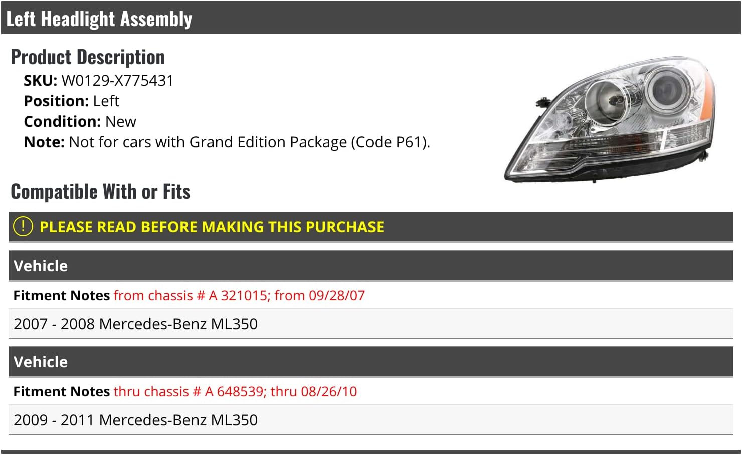 Left Driver Side Headlight Assembly - Compatible with 2007-2011 Mercedes-Benz ML350 (without Grand Edition Package) From 9/28/2007 Up To 8/26/2010