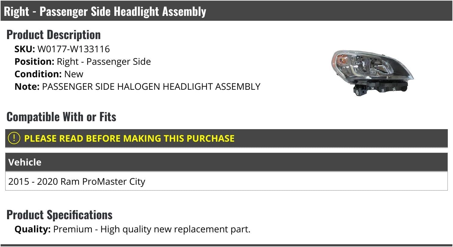 Right Passenger Side Headlight Assembly - Compatible with 2015-2020 Ram ProMaster City