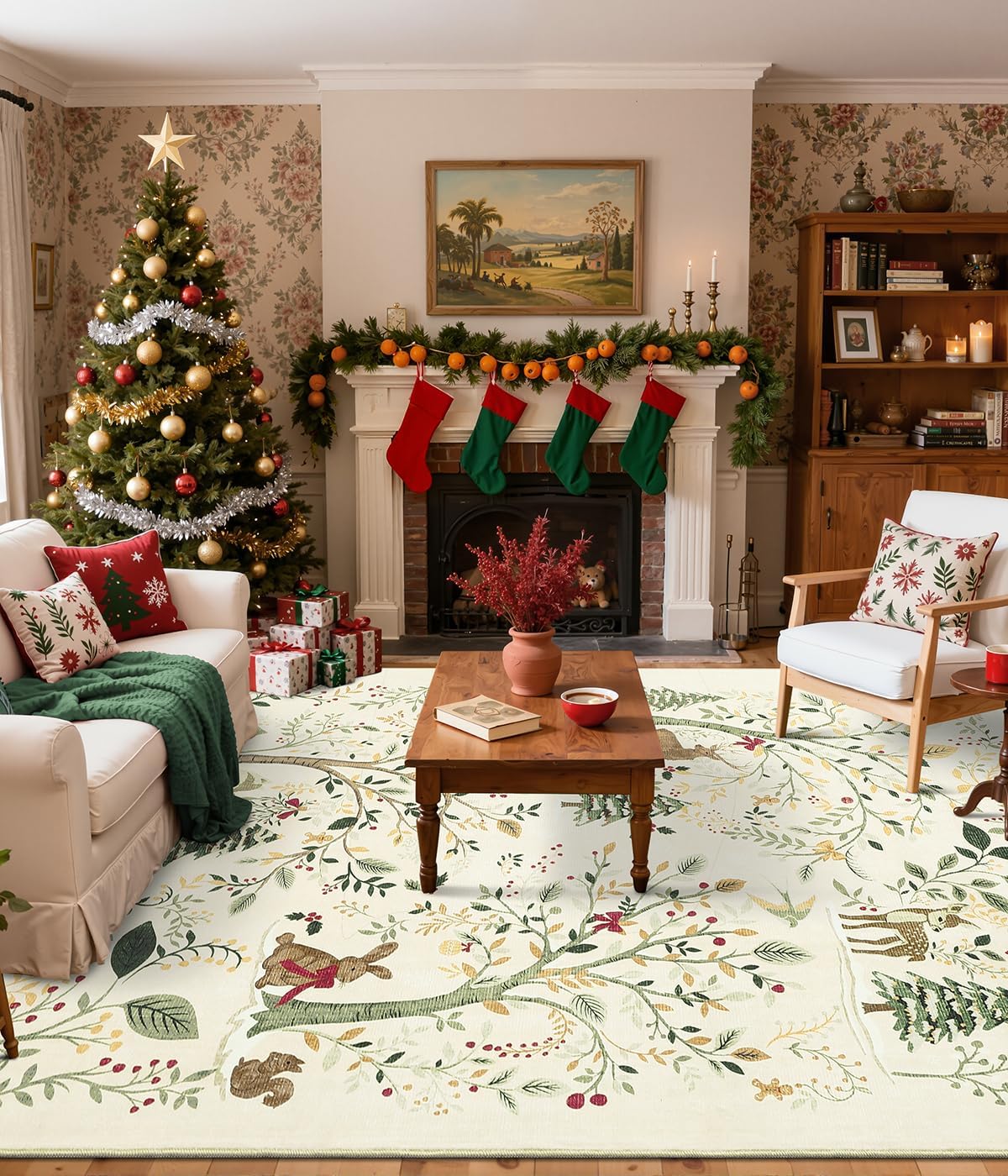 GarveeHome Christmas Area Rugs 8x10 for Living Room, Green Large Washable Rug Christmas Tree Animal Print Non Slip Carpet Indoor Holiday Rug for Bedroom Dining Room Home Decor