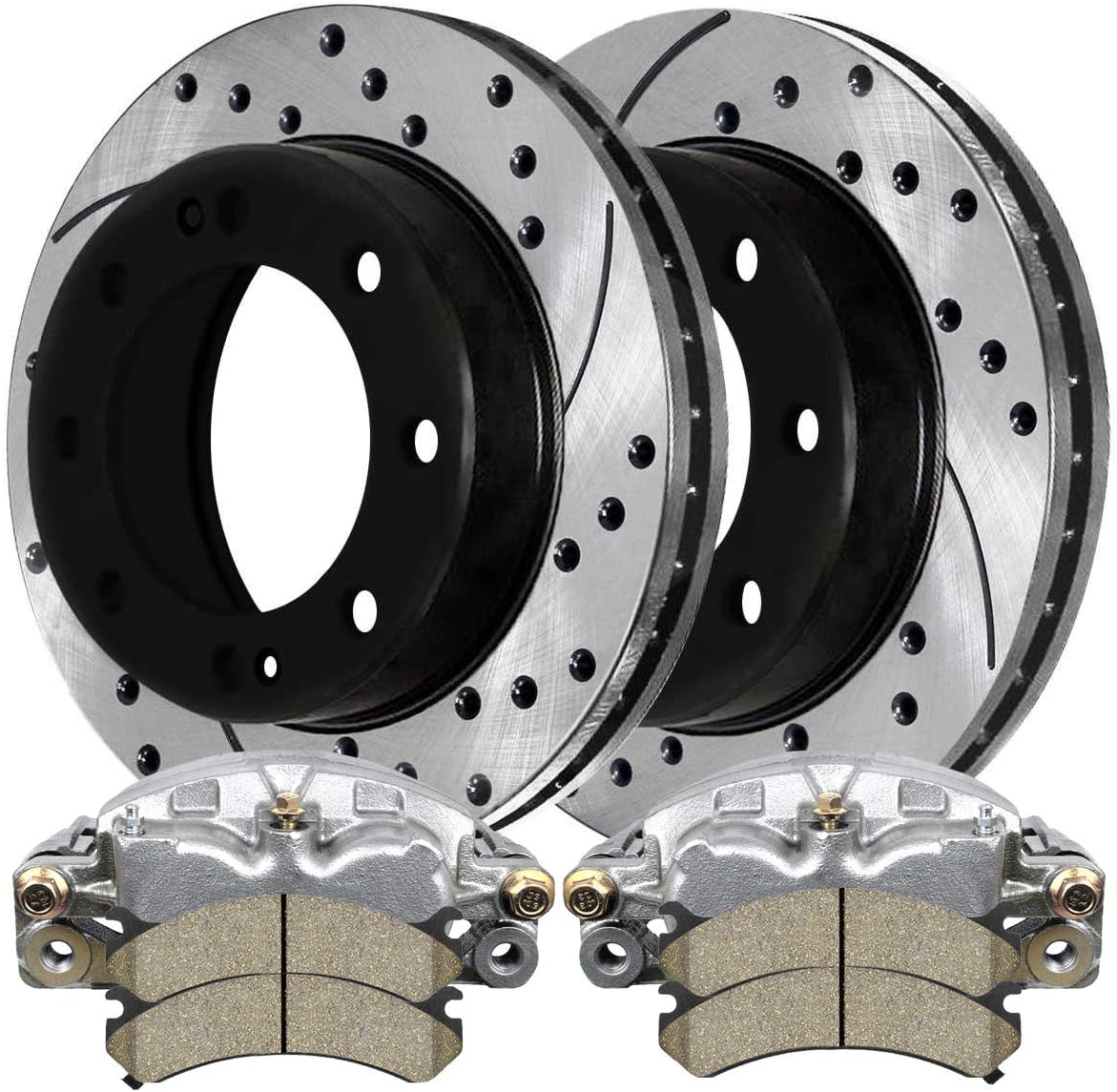 AutoShack Front Drilled & Slotted Brake Rotors Premium Ceramic Brake Pads Calipers | Replacement for Chevrolet Silverado 2500 HD 2006-2017 Express 3500 | E-Coated | 8-PC Brake Kit | ShadowGuard