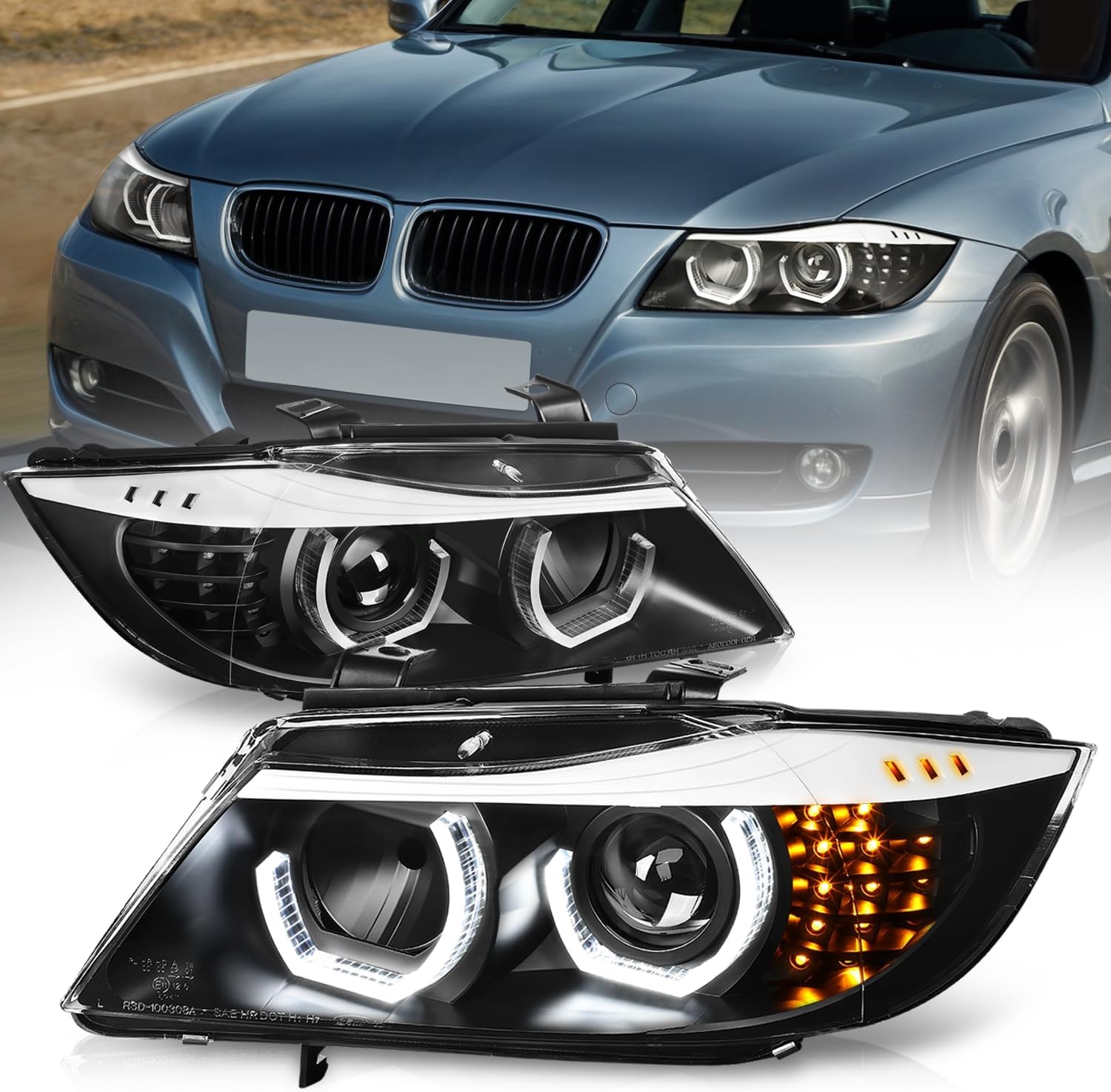 Auto Dynasty LED Halo Headlights Assembly Compatible with 2005-2008 BMW E90 325i 325xi 330i 4-Dr Sedan, Left and Right Side, 3D Dual Crystal U-Halo, Projector Low Beam, LED Turn Signal, Black Housing