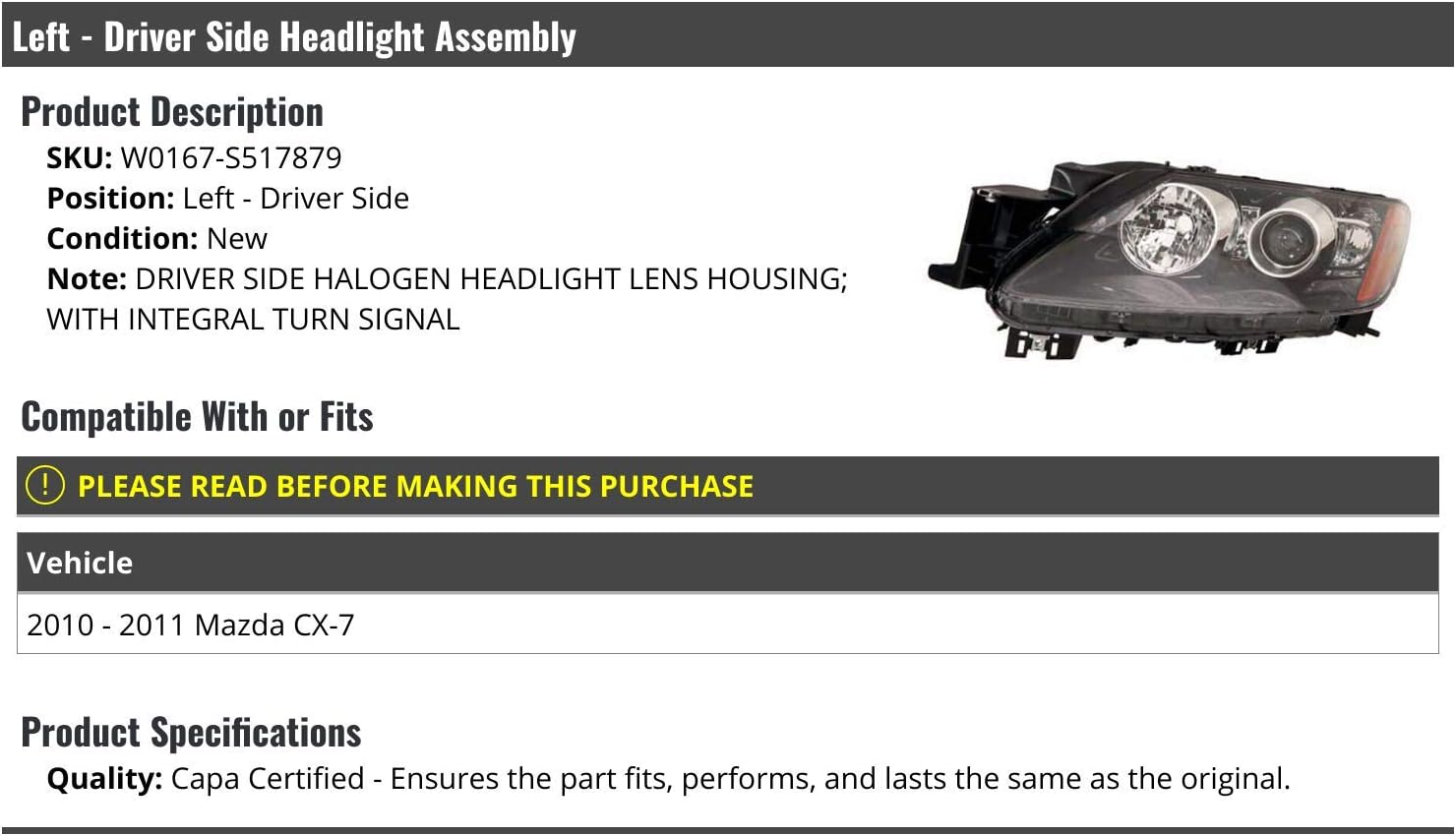 Left Driver Side Halogen Headlight Assembly - with Integral Turn Signal - Compatible with 2010-2011 Mazda CX-7