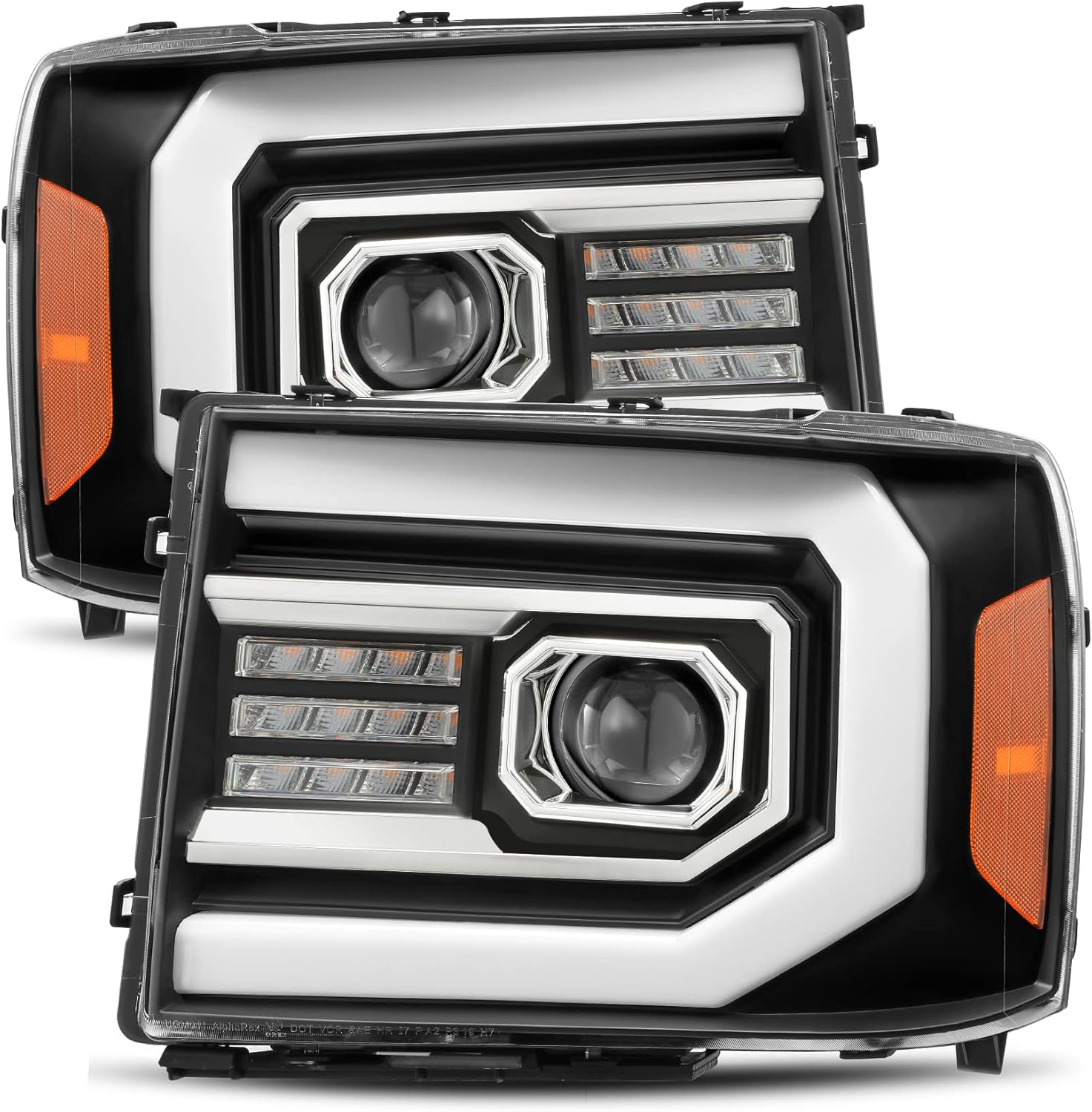 AlphaRex Base Model Black Fit 07-13 GMC Sierra 1500/07-14 Sierra 2500HD/3500HD LED DRL Tube Dual Projector Headlights