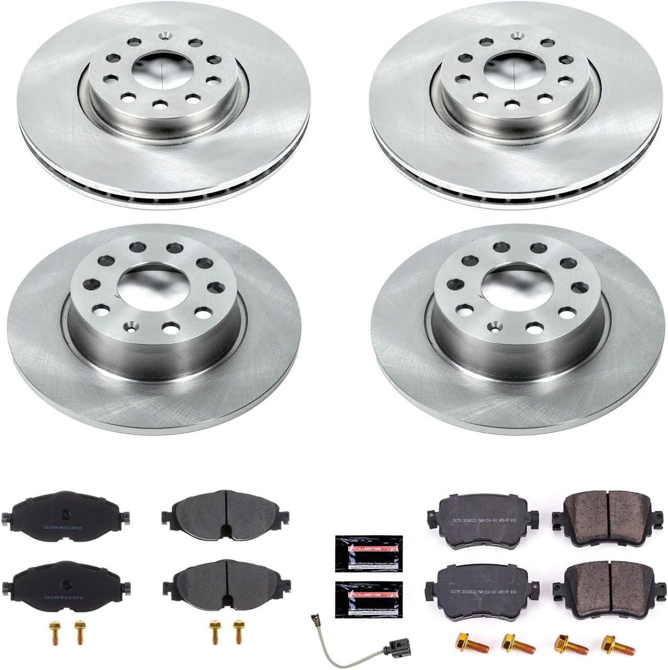 Power Stop KOE8364 Autospecialty Front and Rear Replacement Brake Kit-OE Brake Rotors & Ceramic Brake Pads and 1 Front Sensor Wire For VW GTI, VW Golf Alltrack, VW Passat [Model Specific]