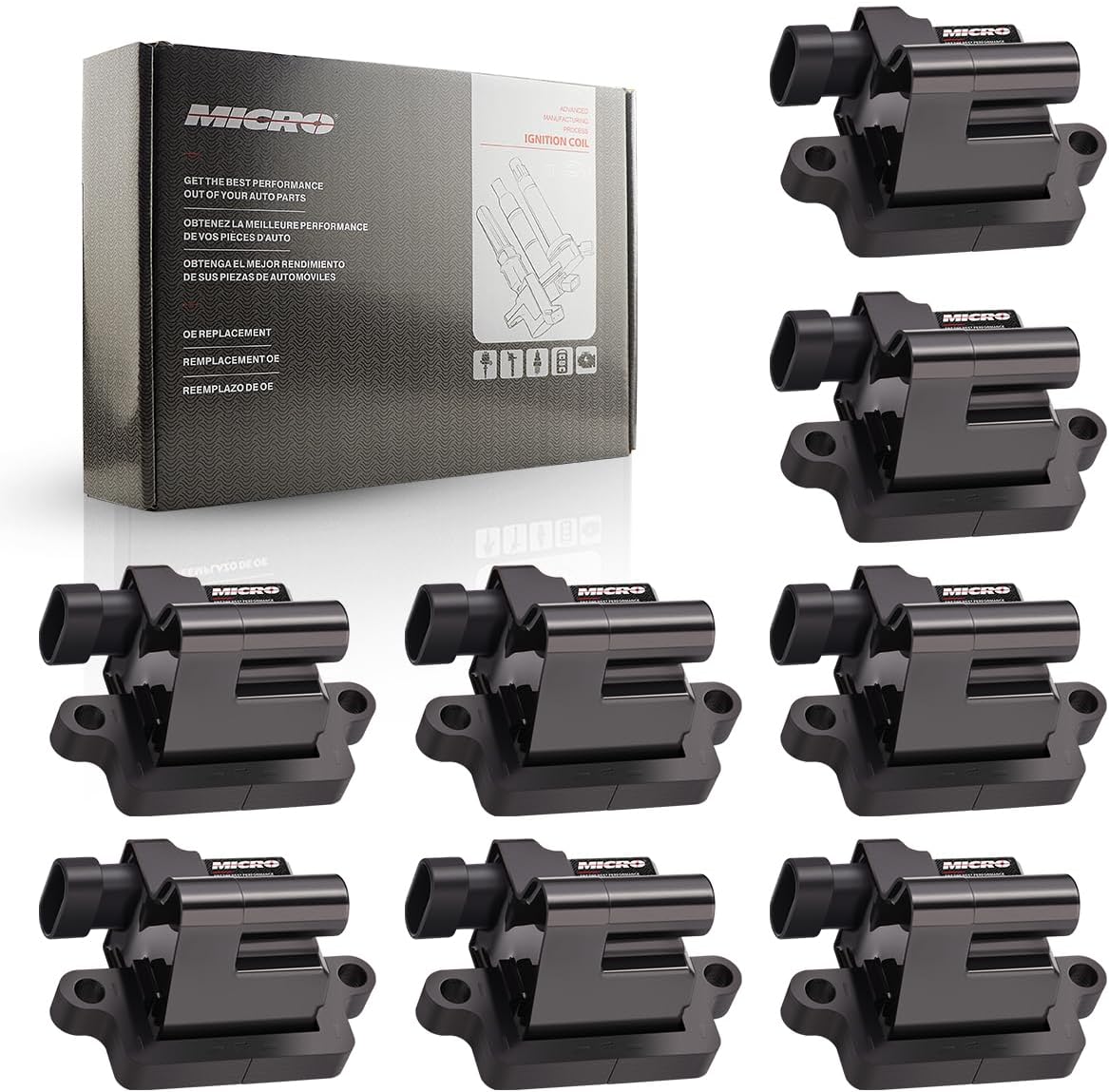 Micro Set of 8 Square Ignition Coil Pack D581 Compatible with Cadillac Chevy GMC Escalade Avalanche Silverado Tahoe Suburban Savanna Sierra Yukon 4.8L 5.3L 6.0L 8.1L Replacement for C1208 UF271
