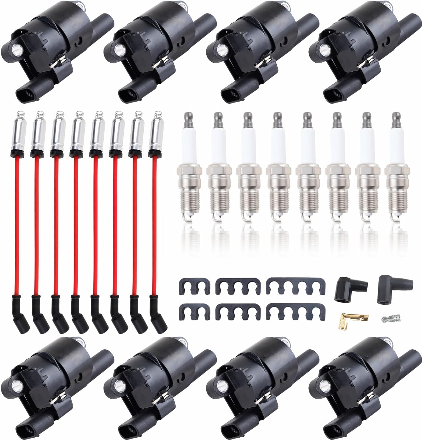 8PCS UF414 Round Ignition Coils Pack & Iridium Spark Plugs & Spark Plug Wires Set Compatible with Chevrolet Corvette Avalanche Silverado 1500 2500 3500 GMC Savana (UF414 black+748UU+41-962)
