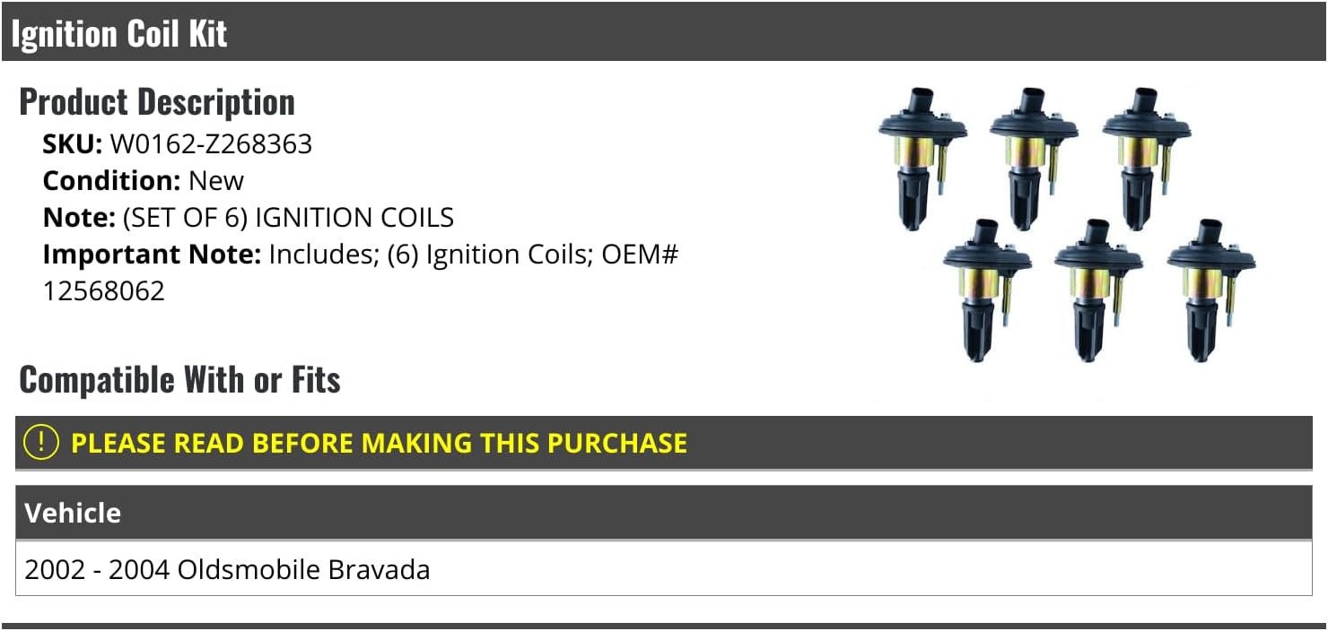 Ignition Coil Kit - Set of 6 - Compatible with 2002-2004 Oldsmobile Bravada