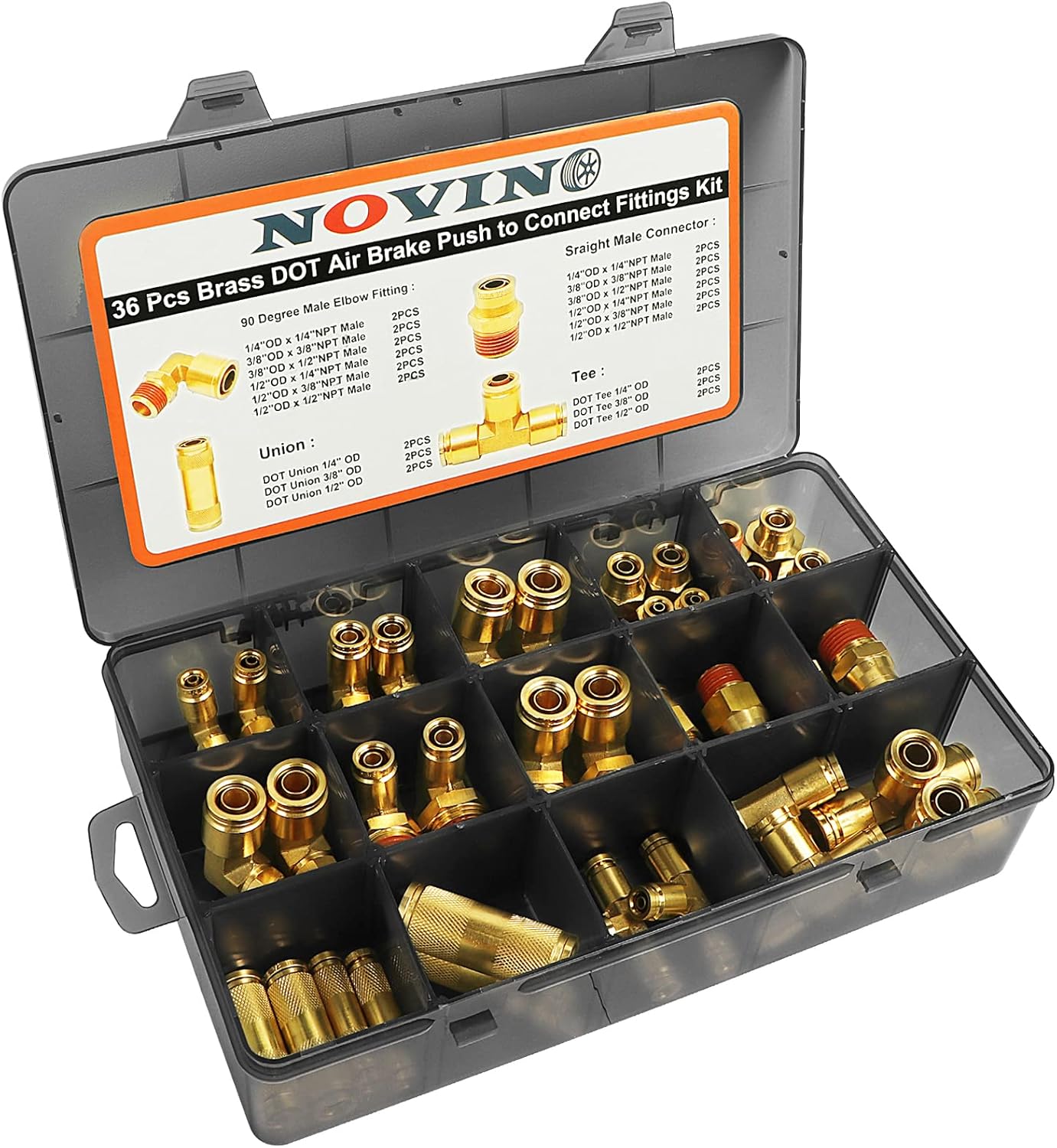 36 PCS Brass DOT Air Brake Line Fitting Assortment Kit 1/4