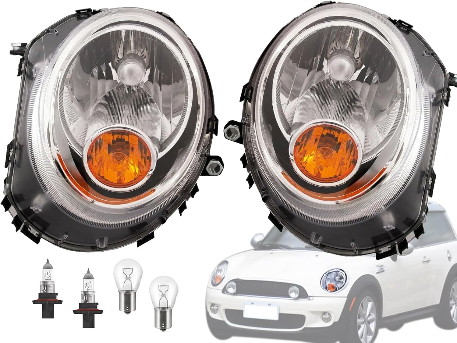Auto Parts Avenue APA Replacement Head Light for 2007 2008 2009 2010 2011 2012 2013 2014 2015 Mini Cooper Yellow Turn Indicator Design Passenger Driver Set PAIR